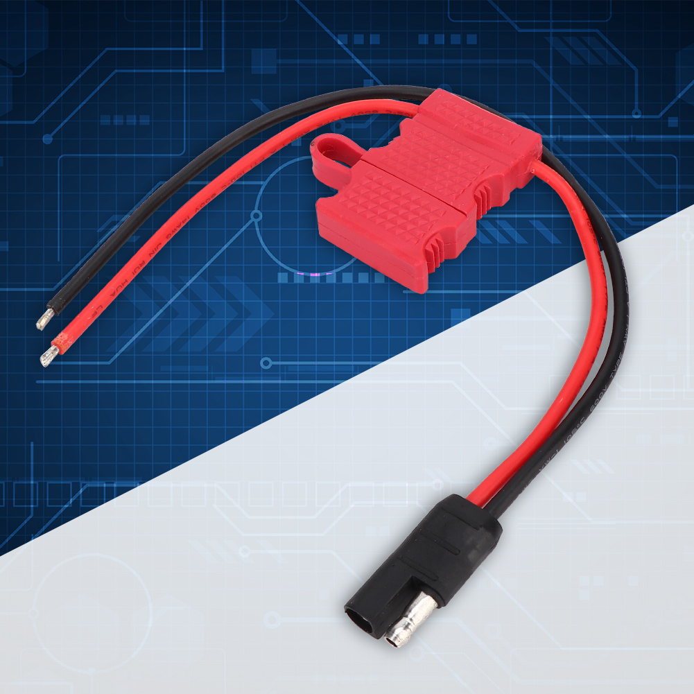 Ein roter und schwarzer Stecker mit Drähten wird vor einem blau-weiß gemusterten Hintergrund angezeigt.
