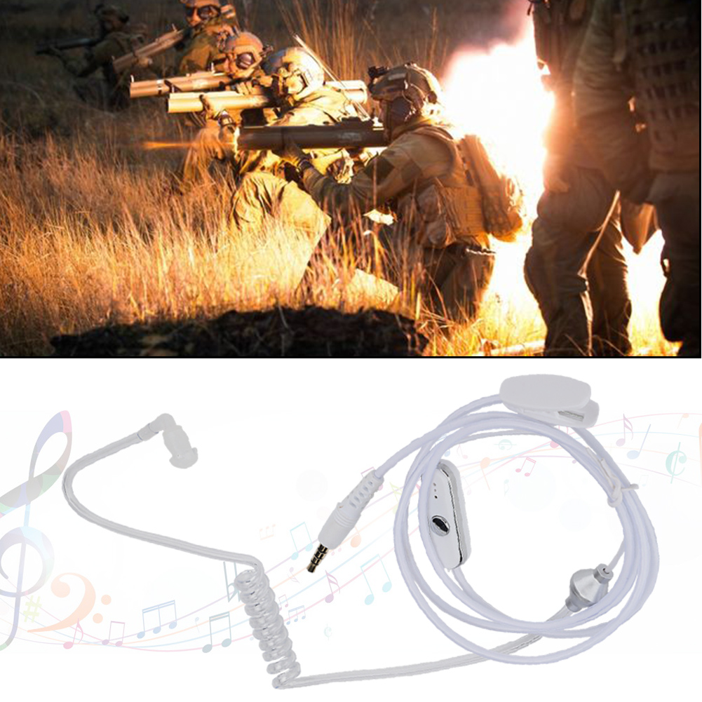 Collage aus Soldaten, die oben Waffen abfeuern, und einem weißen Ohrhörer mit Kabeln unten, vor einem hellen Hintergrund.