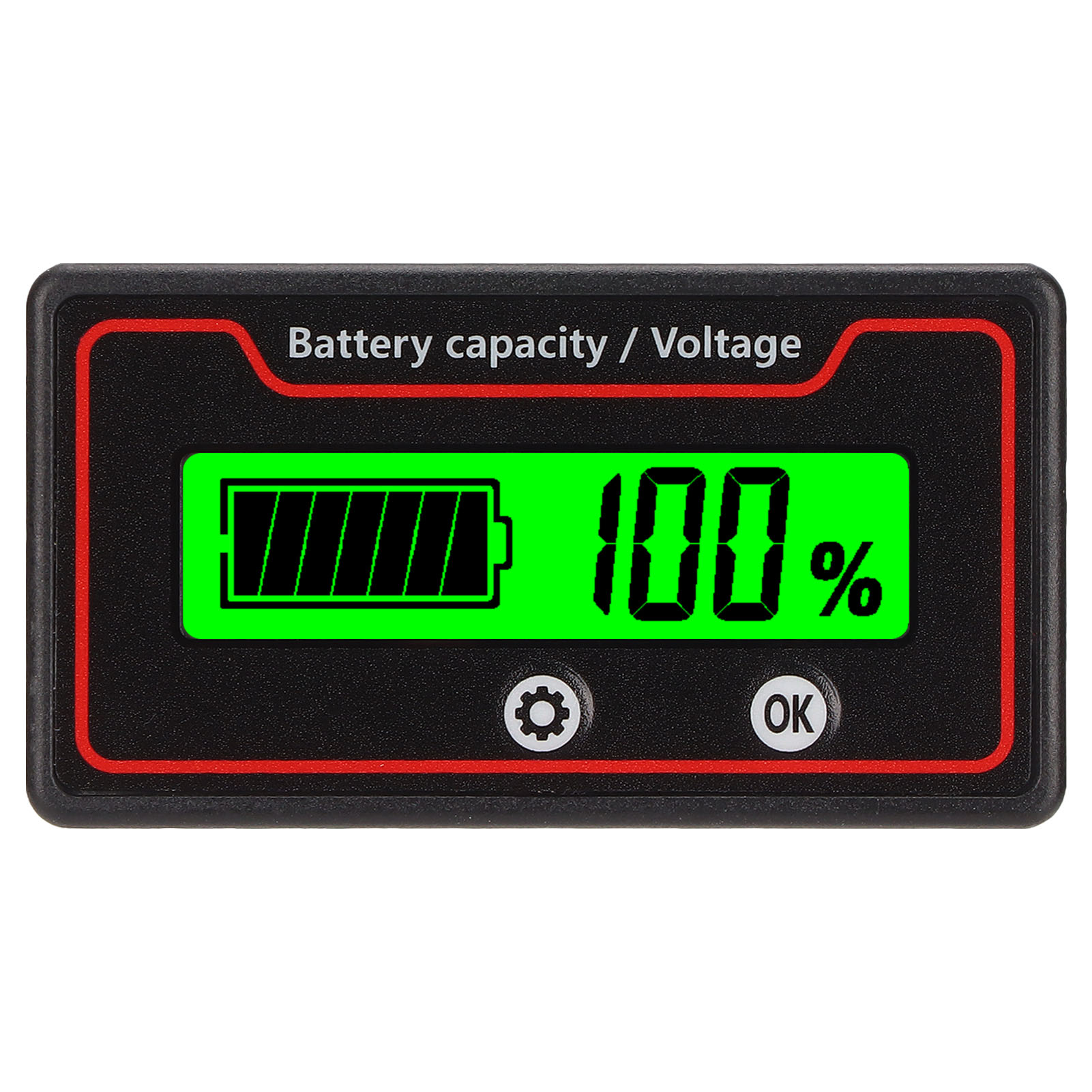 Schwarzes Messgerät mit roter Umrandung zeigt 100 % Batteriekapazität in Grün an, mit sichtbaren Einstellungs- und OK-Tasten.