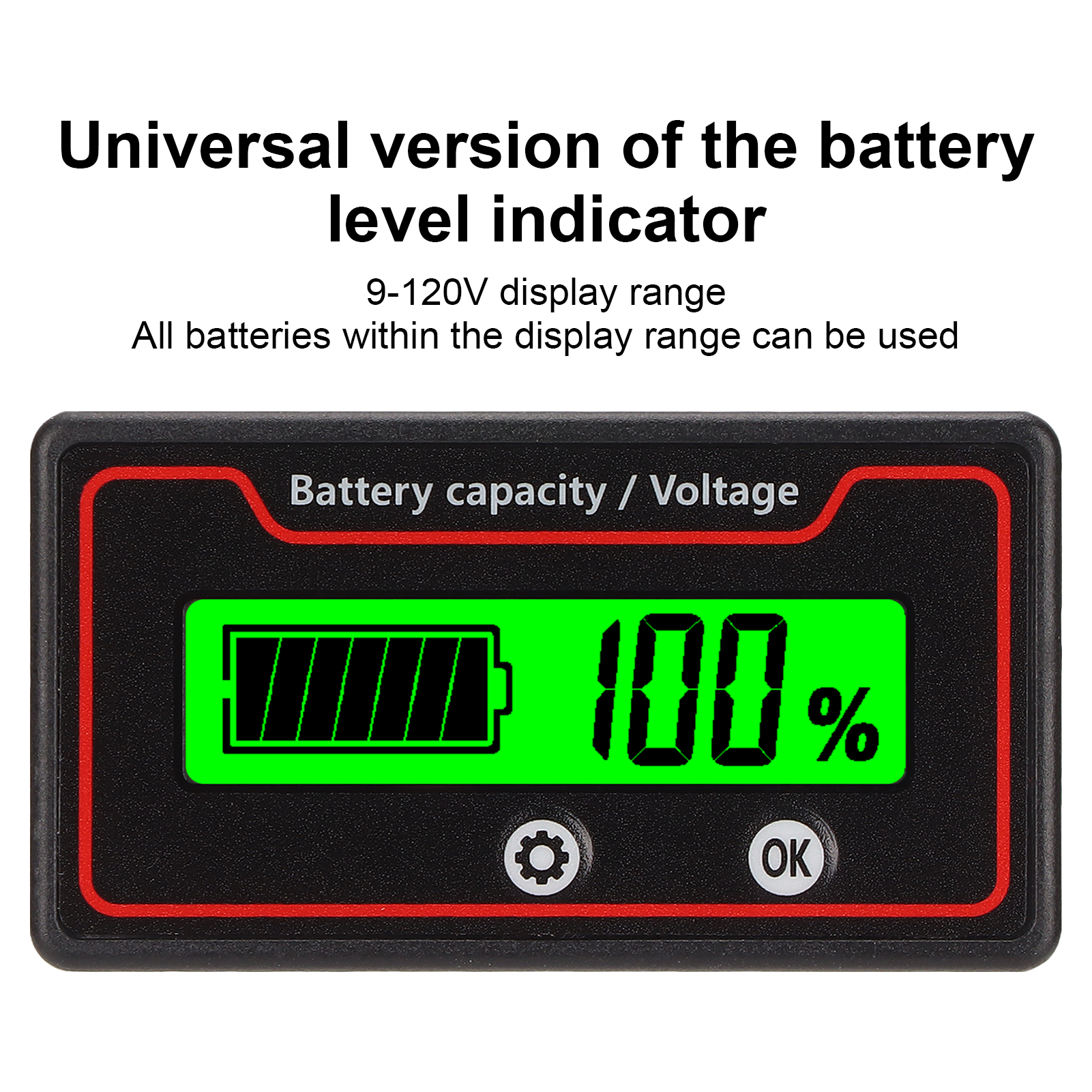 Ein schwarz-rot gerahmter Batteriekapazitätsanzeiger mit einer grünen Anzeige, die eine Batterieladung von 100 % anzeigt.