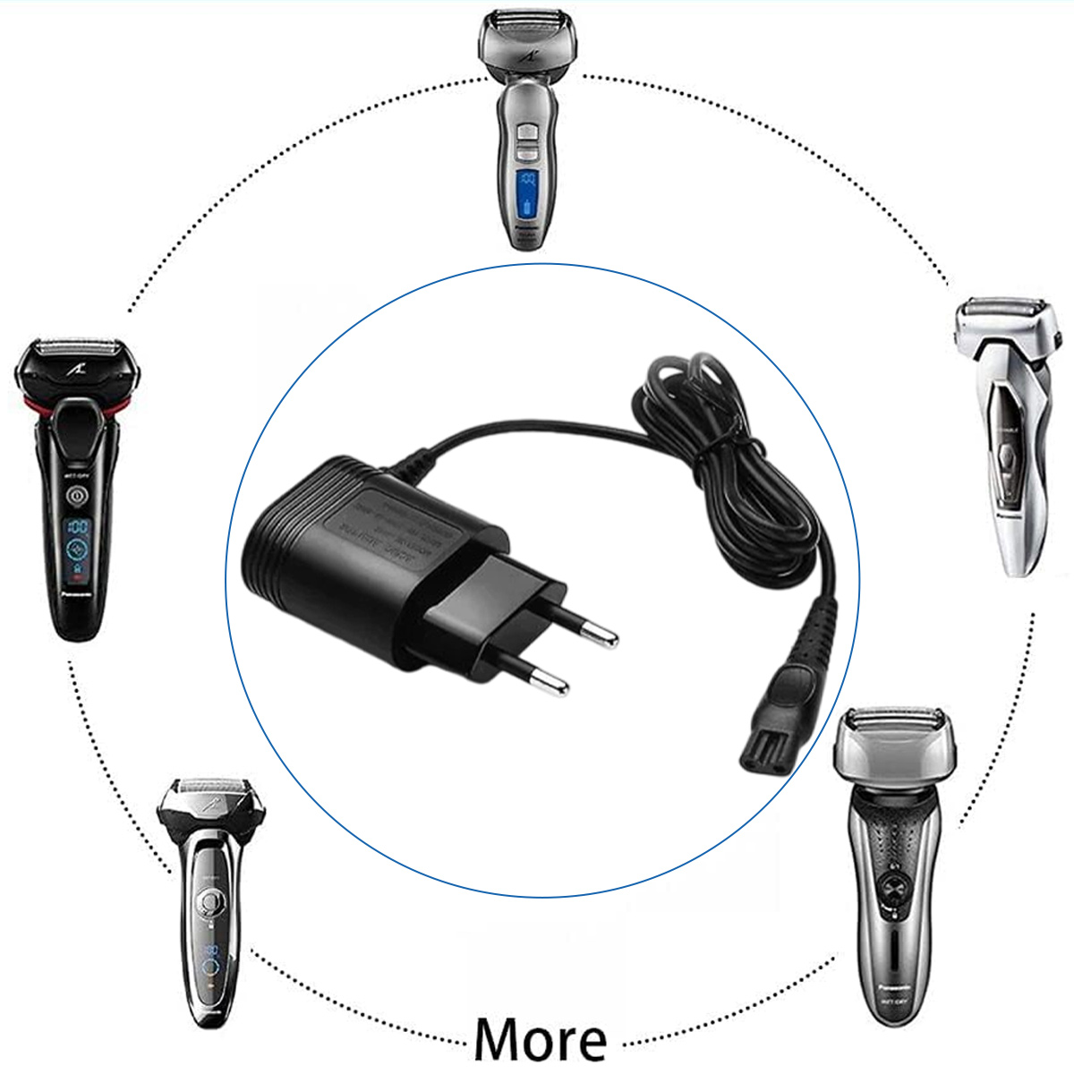 Ein schwarzer Adapter mit Stiften und Kabel befindet sich in der Mitte, umgeben von Rasierern auf einem weißen Hintergrund.