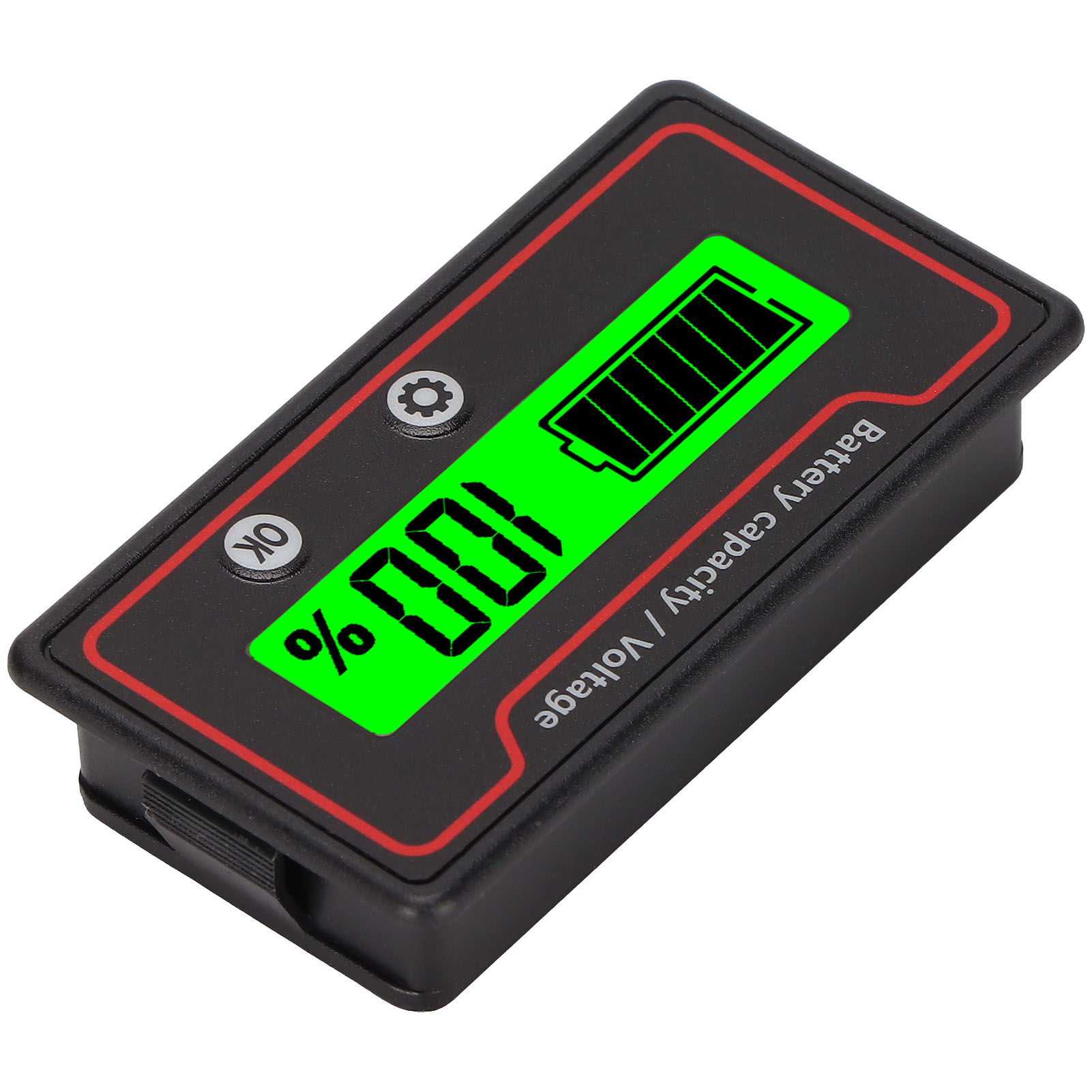 Ein Batteriekapazitäts-/Spannungsmesser zeigt 100 % auf seinem grünen Bildschirm an, eingebettet in einen schwarzen Rahmen mit roten Akzenten.