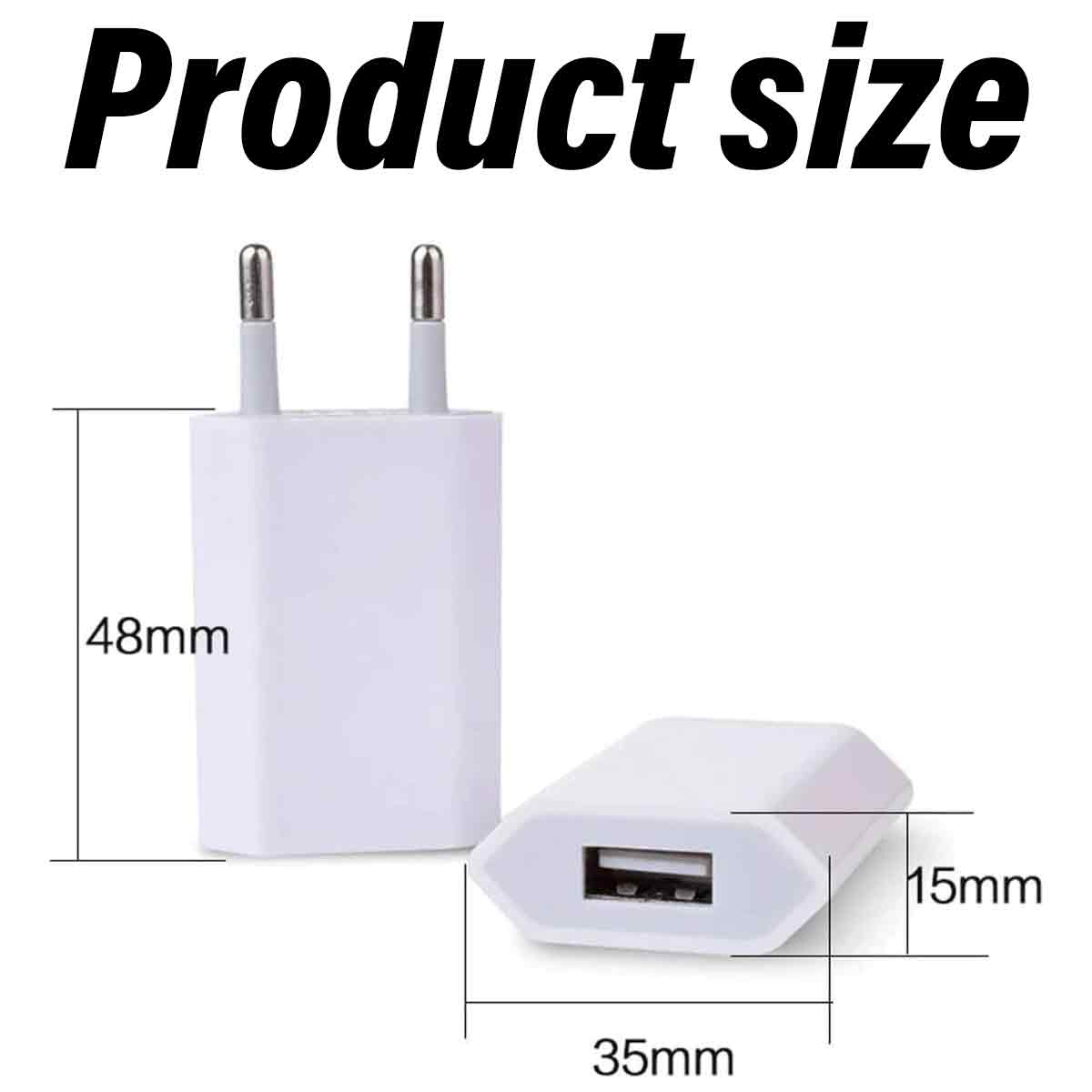 Das Bild zeigt ein weißes USB-Wandladegerät mit in Millimetern beschrifteten Abmessungen vor einem weißen Hintergrund.