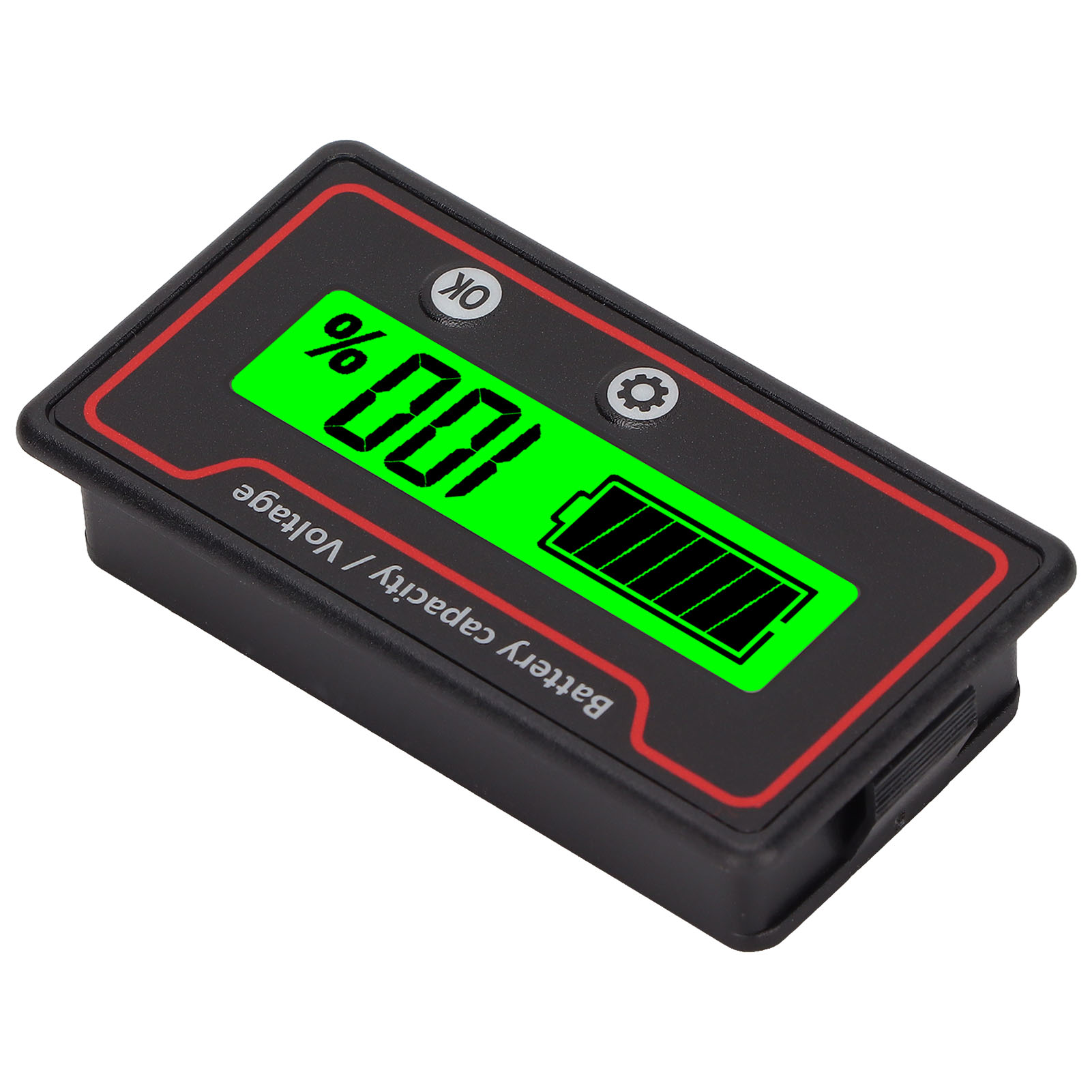 Ein Batteriekapazitäts-/Spannungsmesser zeigt 100 % auf seinem grünen Bildschirm an, eingebettet in einen schwarzen Rahmen mit roter Umrandung.