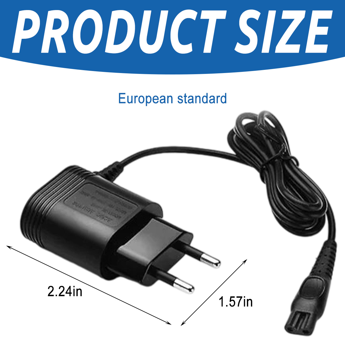 Ein schwarzer Netzadapter mit Kabel und europäischem Stecker wird mit Maßangaben in Zoll für die Produktgröße angezeigt.