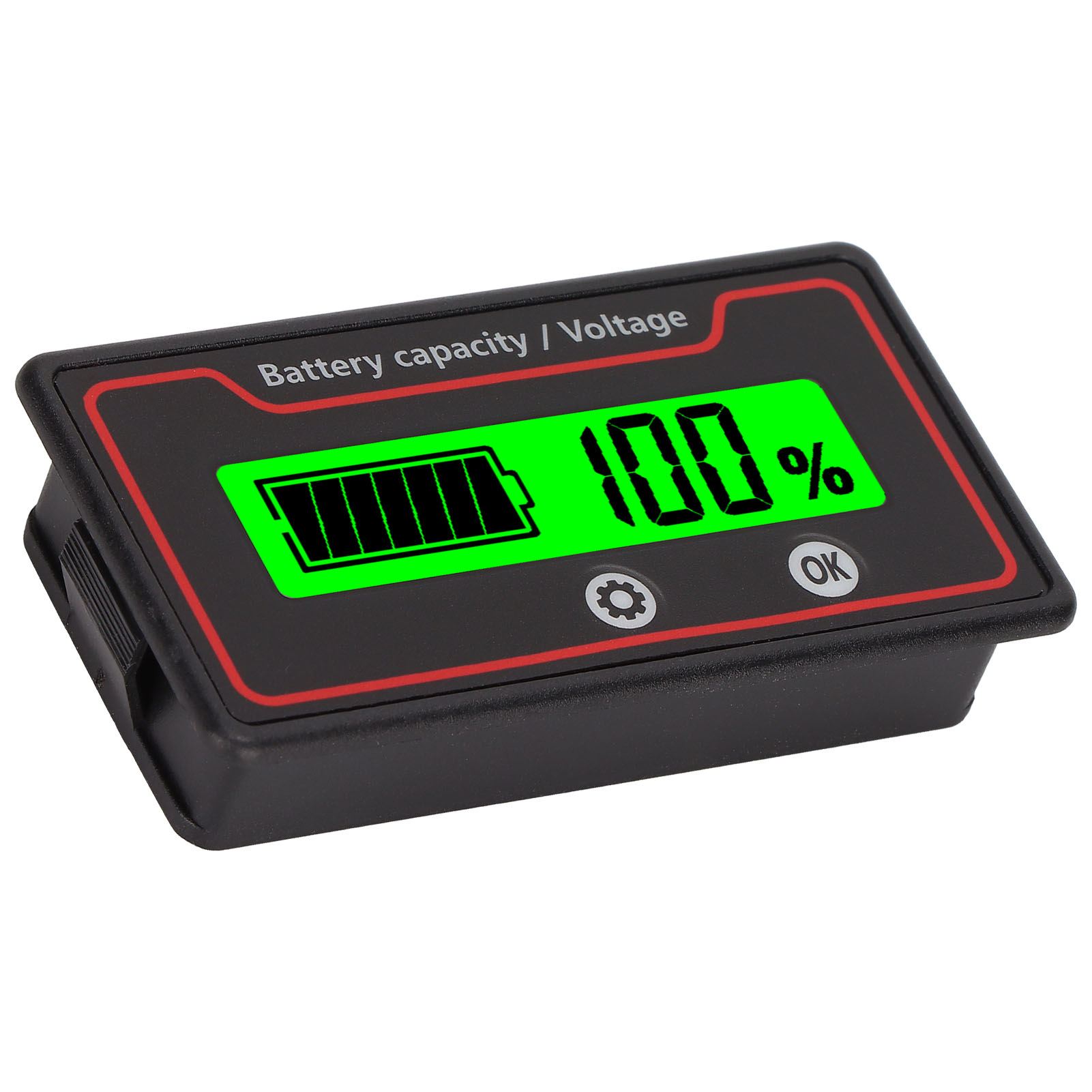 Ein Batteriekapazitäts-/Spannungsmesser zeigt 100 % auf seinem grünen Bildschirm an, eingerahmt in Schwarz mit roten Akzenten und Knöpfen.