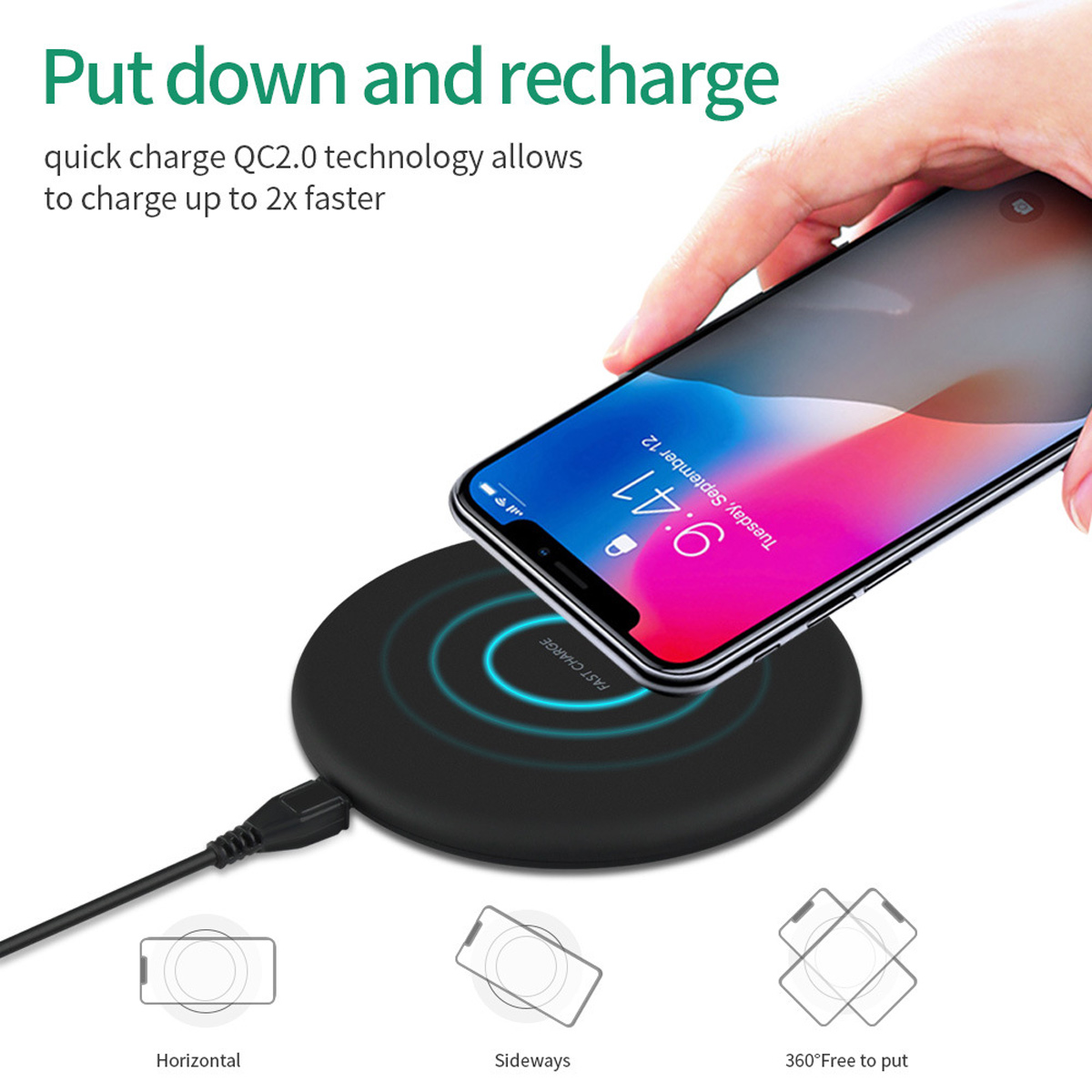 Ein schwarzes Smartphone wird kabellos auf einem schwarzen Ladepad geladen. Das Telefon zeigt die Uhrzeit 9:41 an.