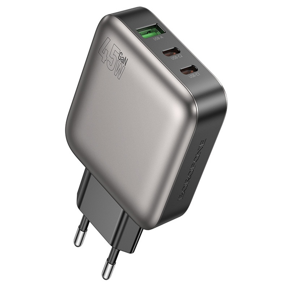 Ein graues und schwarzes 45W GaN-Ladegerät mit USB-Anschlüssen auf einem weißen Hintergrund.