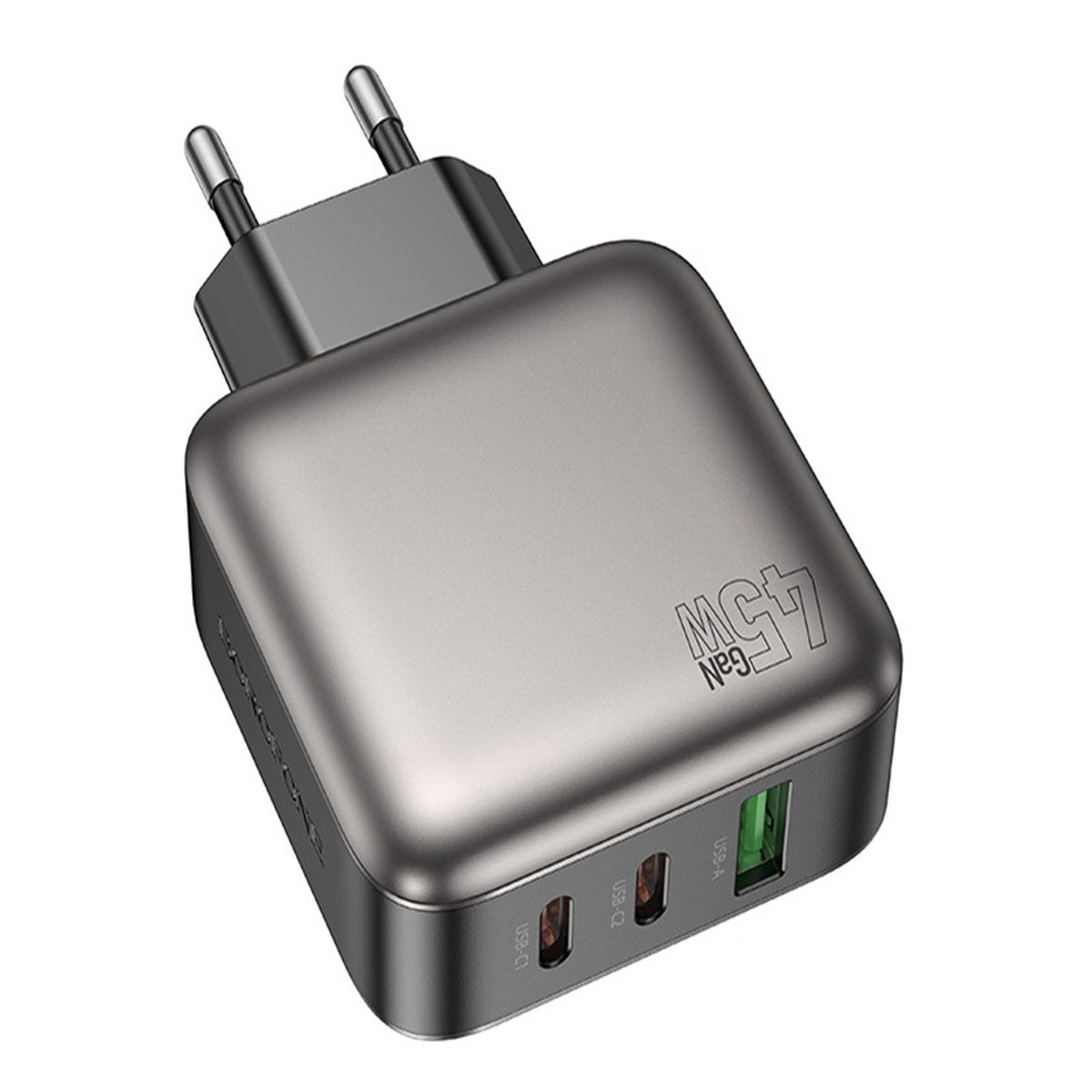 Ein graues und schwarzes 45W GaN-Ladegerät mit USB-Anschlüssen auf einem weißen Hintergrund.
