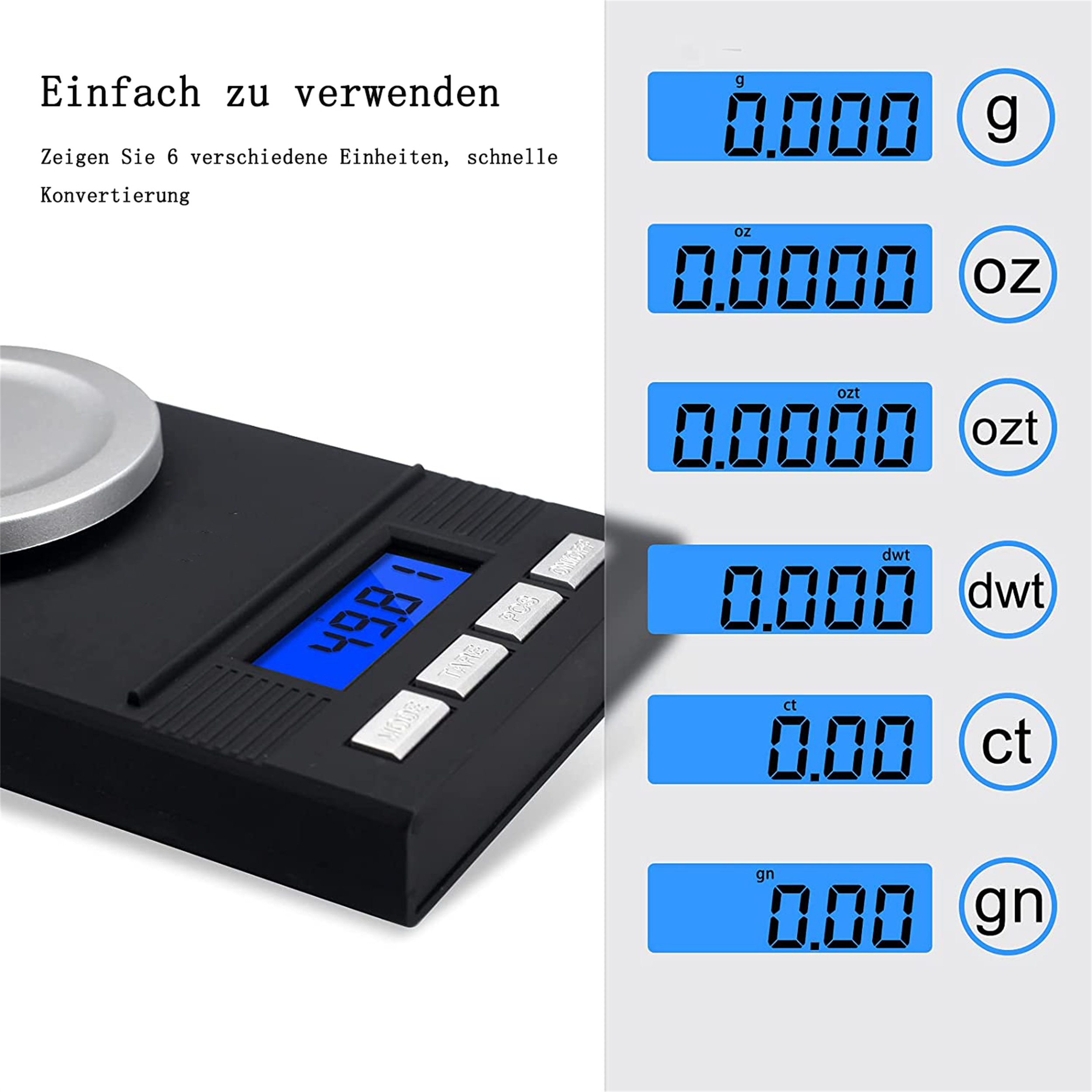 Eine schwarze Digitalwaage, die verschiedene Maßeinheiten anzeigt.