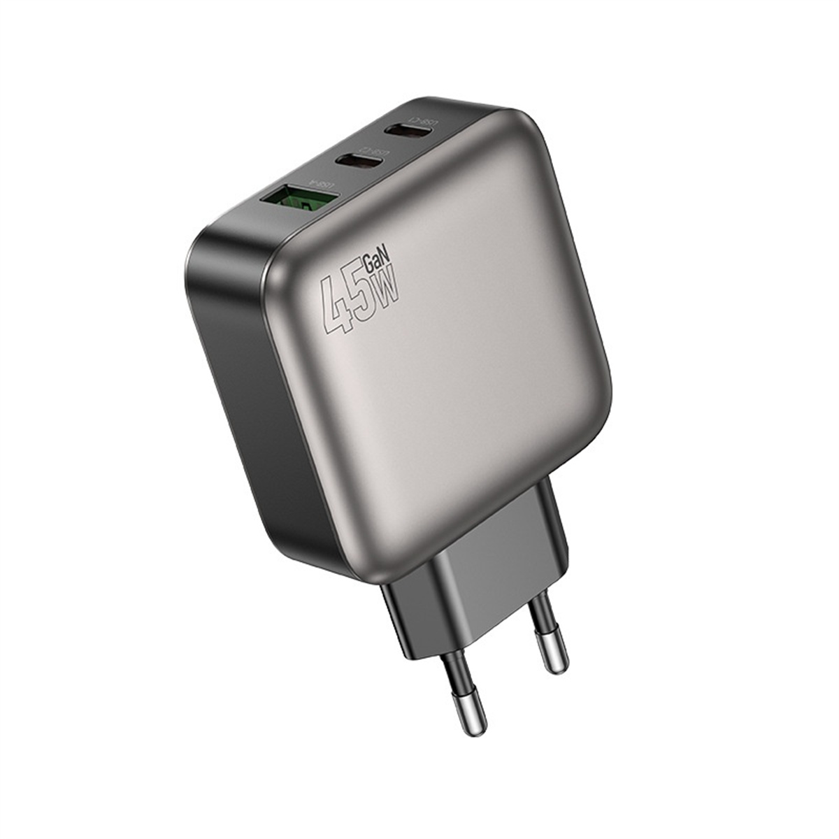 Ein graues und schwarzes 45W GaN-Ladegerät mit USB-Anschlüssen auf einem weißen Hintergrund.