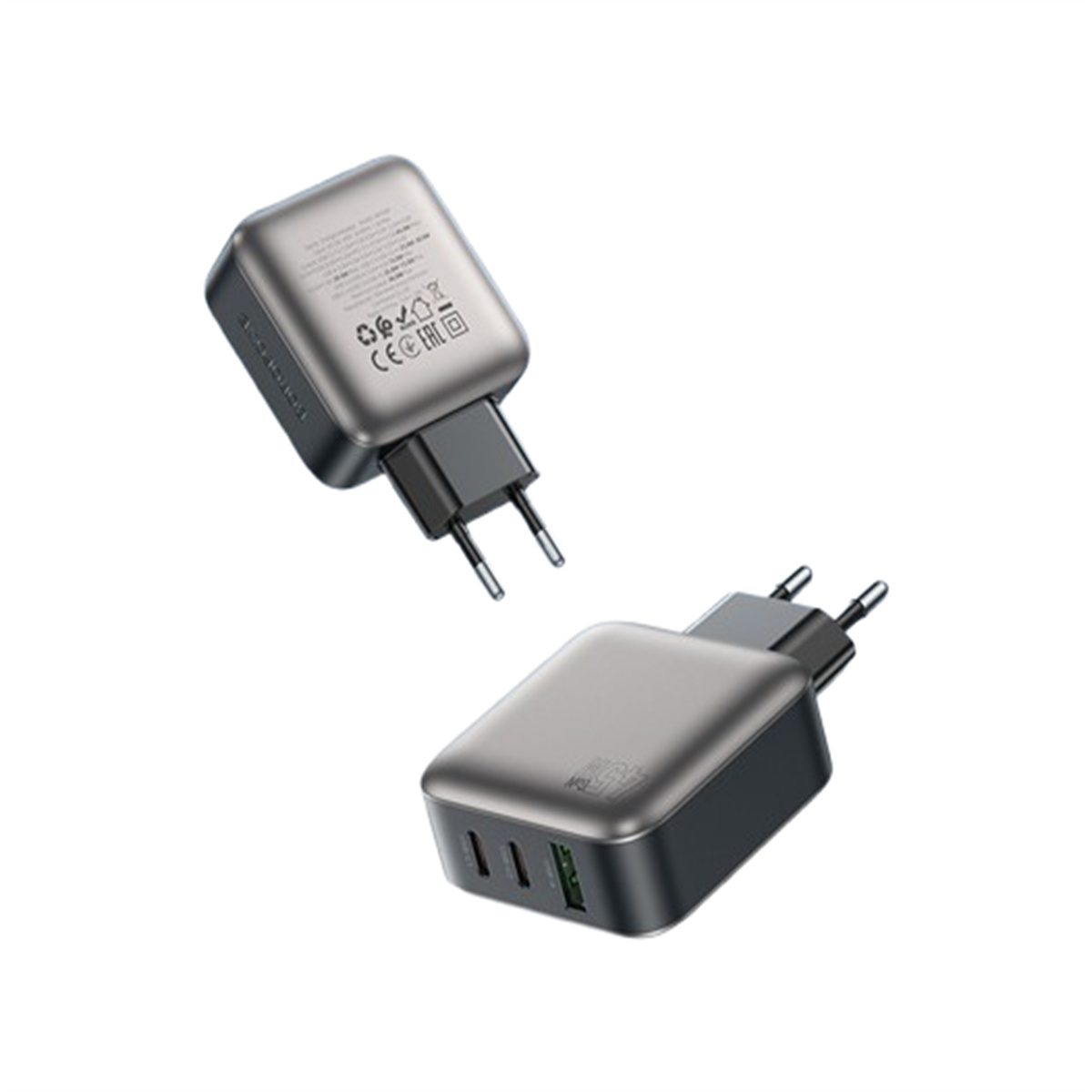 Zwei graue USB-Netzteile auf einem weißen Hintergrund.