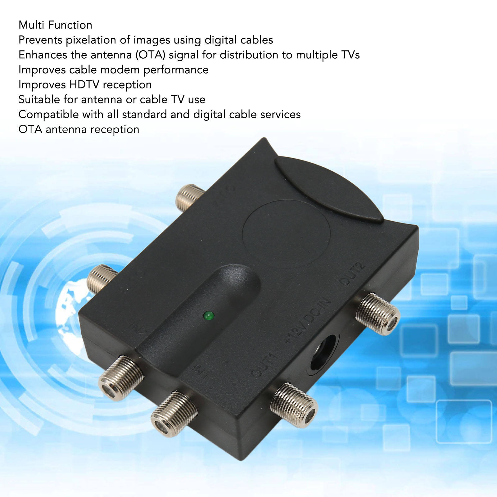 Schwarzer TV-Signalverteiler mit Koaxialkabelanschlüssen und grüner LED.