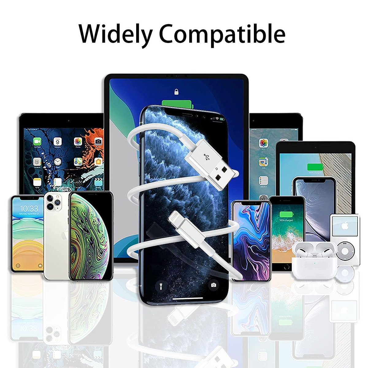 Ein weißes Ladekabel ist mit mehreren digitalen Geräten verbunden, darunter Telefone und Tablets.