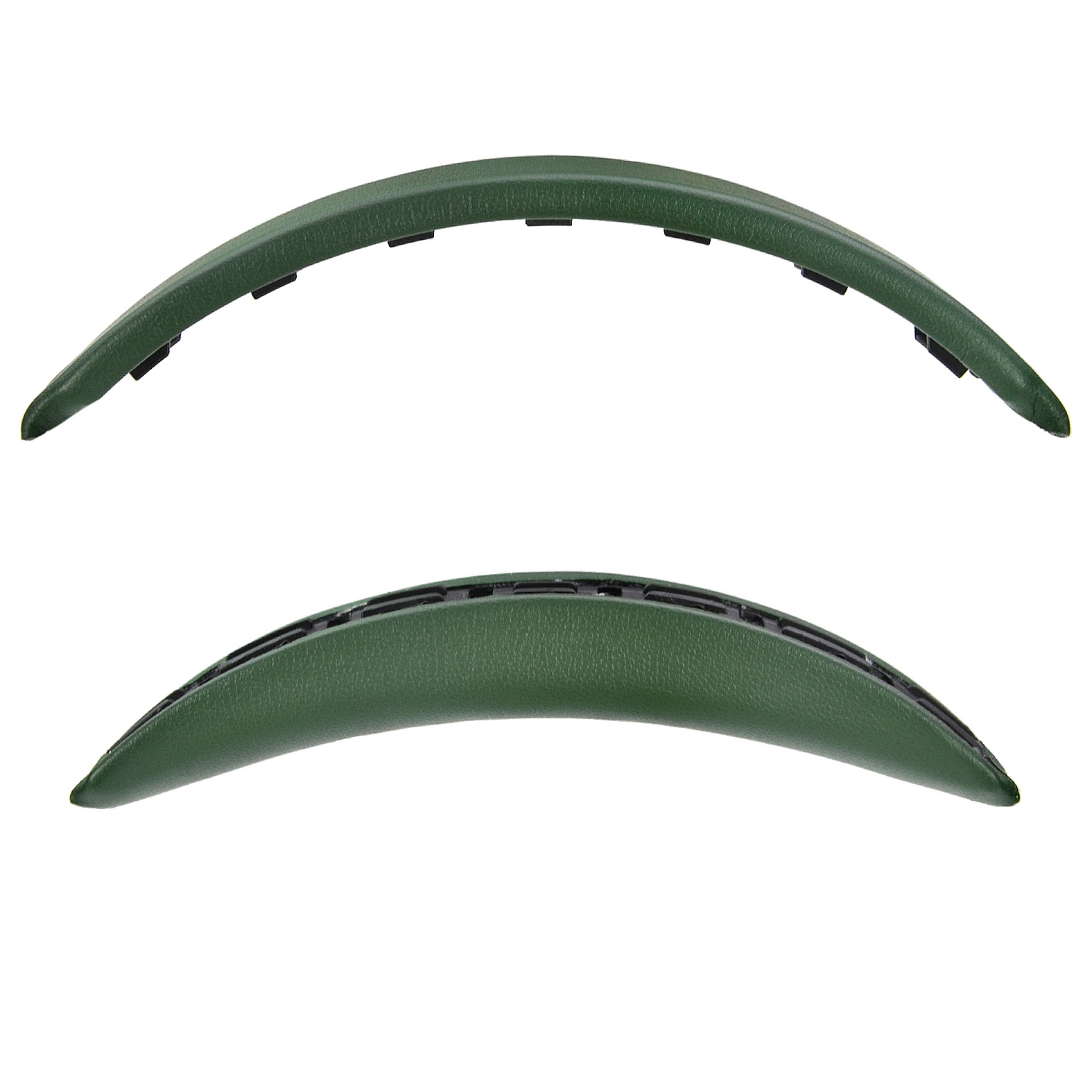 Twee gebogen, groene hoofdtelefoonbanden, één convex en één concaaf, op een witte achtergrond.