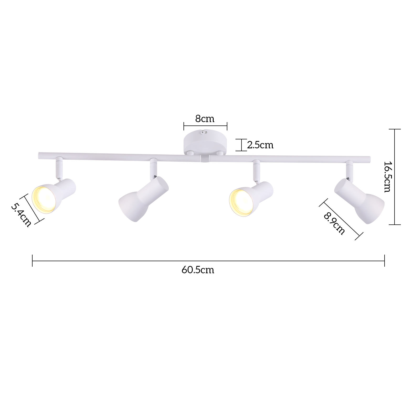 Biała, czteropunktowa oprawa oświetleniowa z wymiarami jest wyświetlana na białym tle.