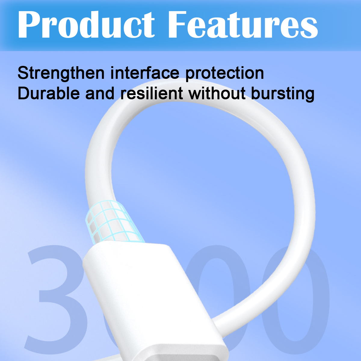 "Produktmerkmale" Text über einem weißen USB-Kabel vor einem abgestuften blauen Hintergrund.