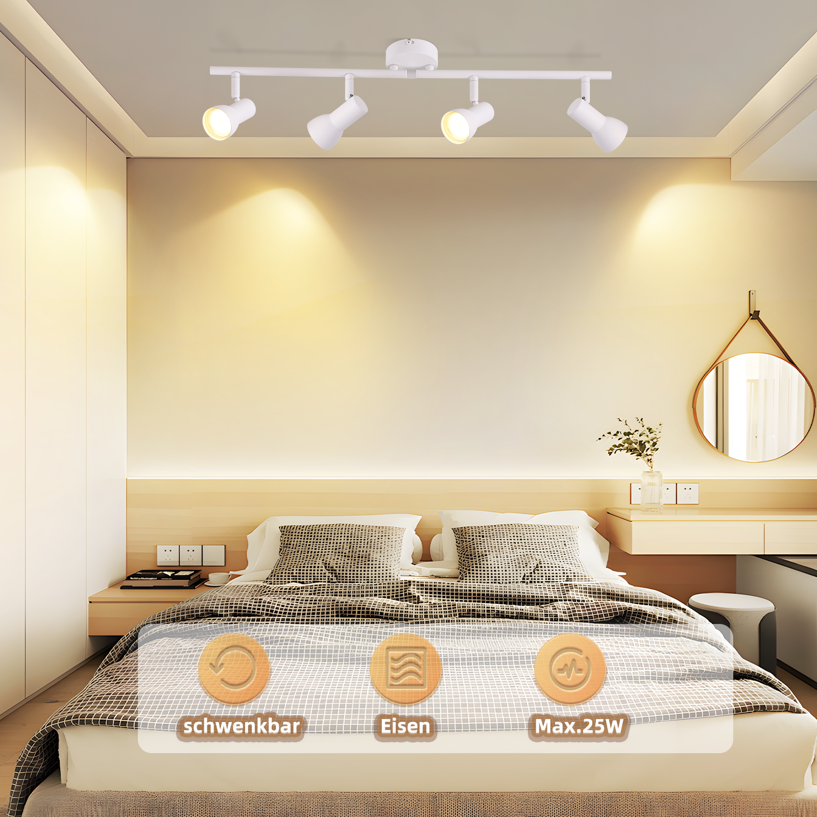 Sypialnia z łóżkiem i białą, czteropunktową oprawą oświetleniową z nakładkami tekstowymi.