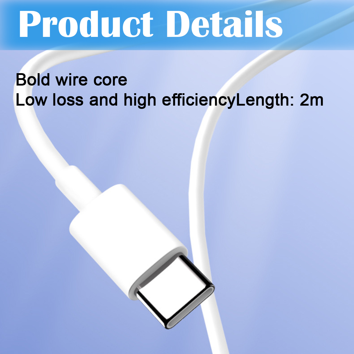 "Produktdetails" Text über einem weißen USB-C-Kabel vor einem abgestuften blauen Hintergrund.
