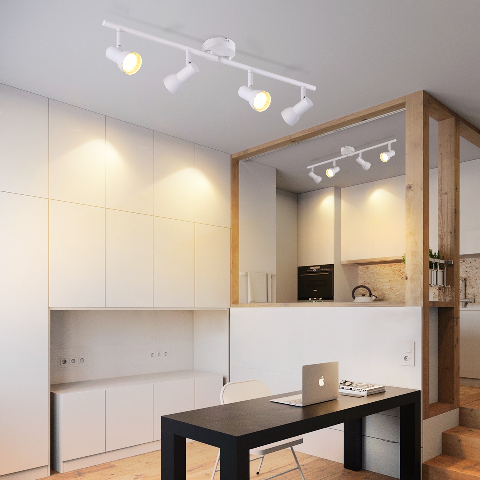 Nowoczesna kuchnia i jadalnia z białą, czteropunktową oprawą oświetleniową na suficie.