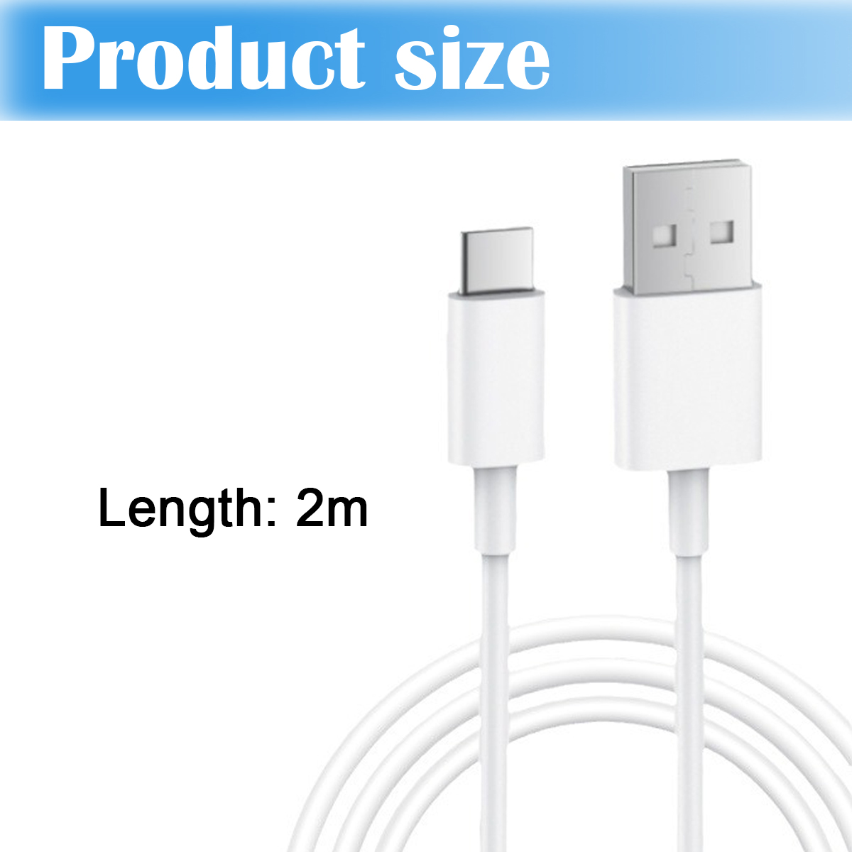 "Produktgröße" Text über zwei weißen USB-Kabeln vor einem abgestuften blauen Hintergrund.