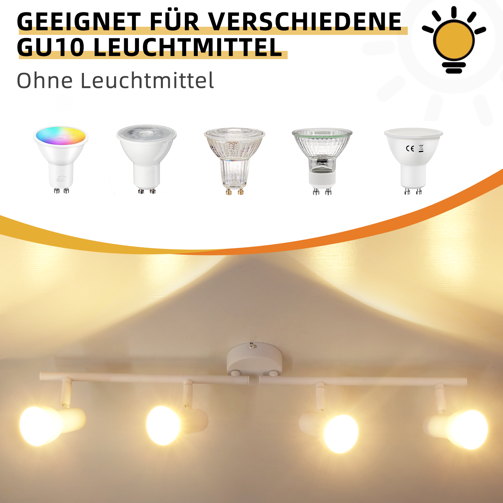 Apparecchio di illuminazione a binario bianco a quattro luci con lampadine e sovrapposizioni di testo su uno sfondo bianco.
