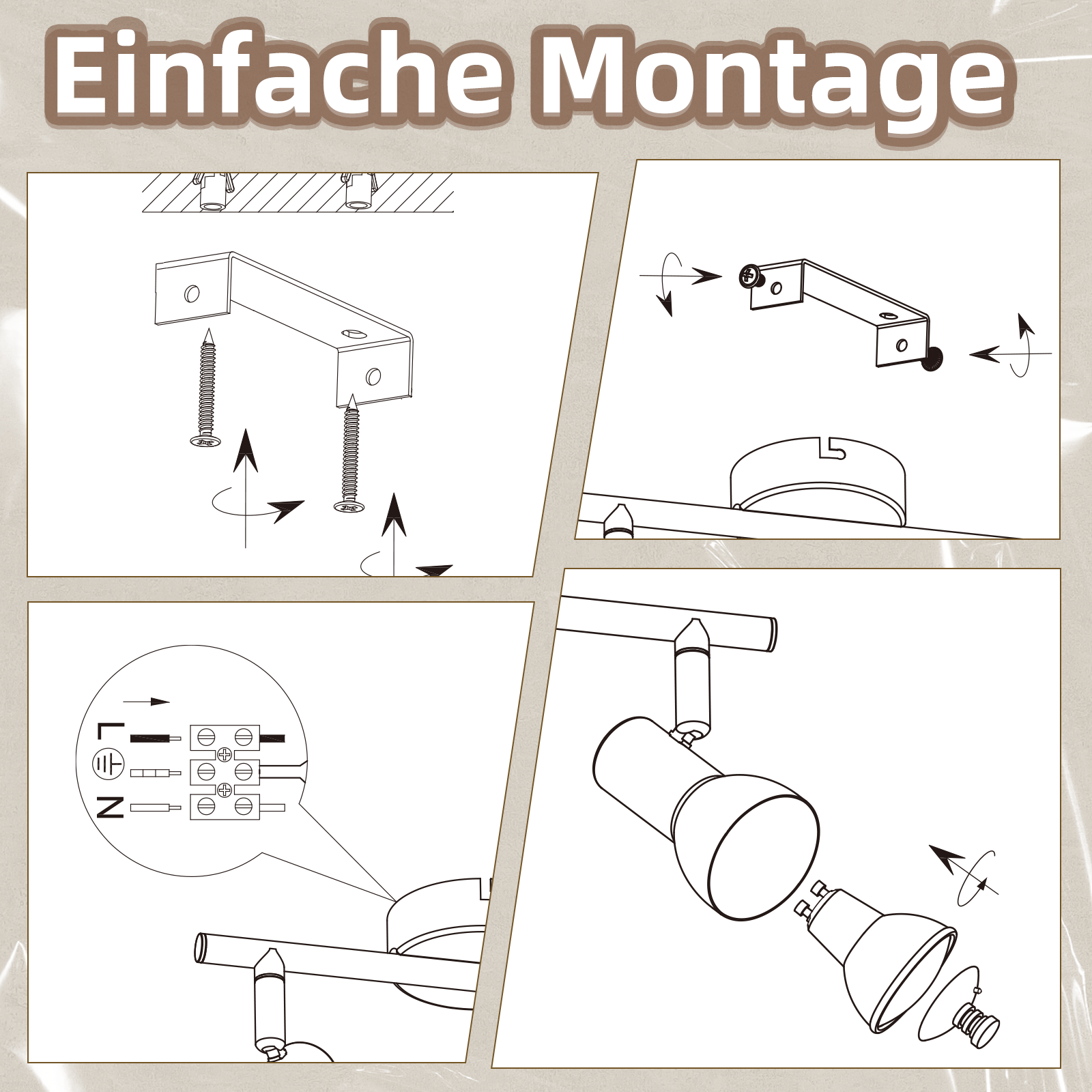 Diagramma a quattro pannelli che mostra il processo di installazione di un apparecchio di illuminazione a binario con testo.