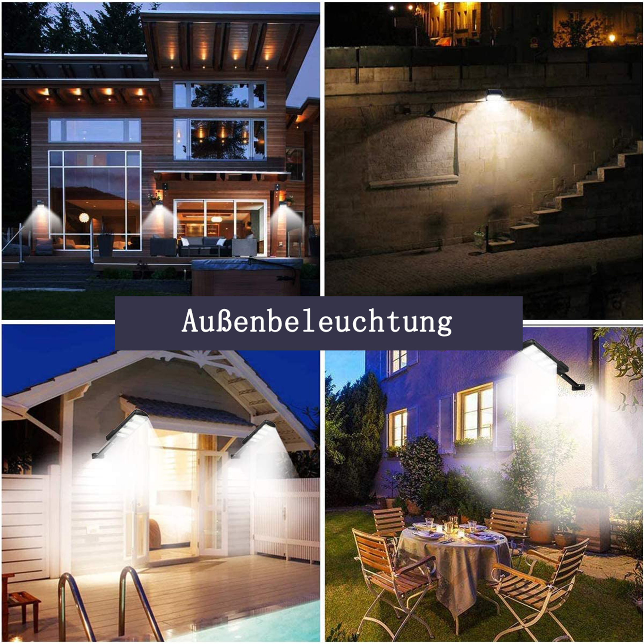 Collage von Solar-Außenleuchten an Gebäuden, die nachts Beleuchtung bieten. Text-Overlay: "Außenbeleuchtung."