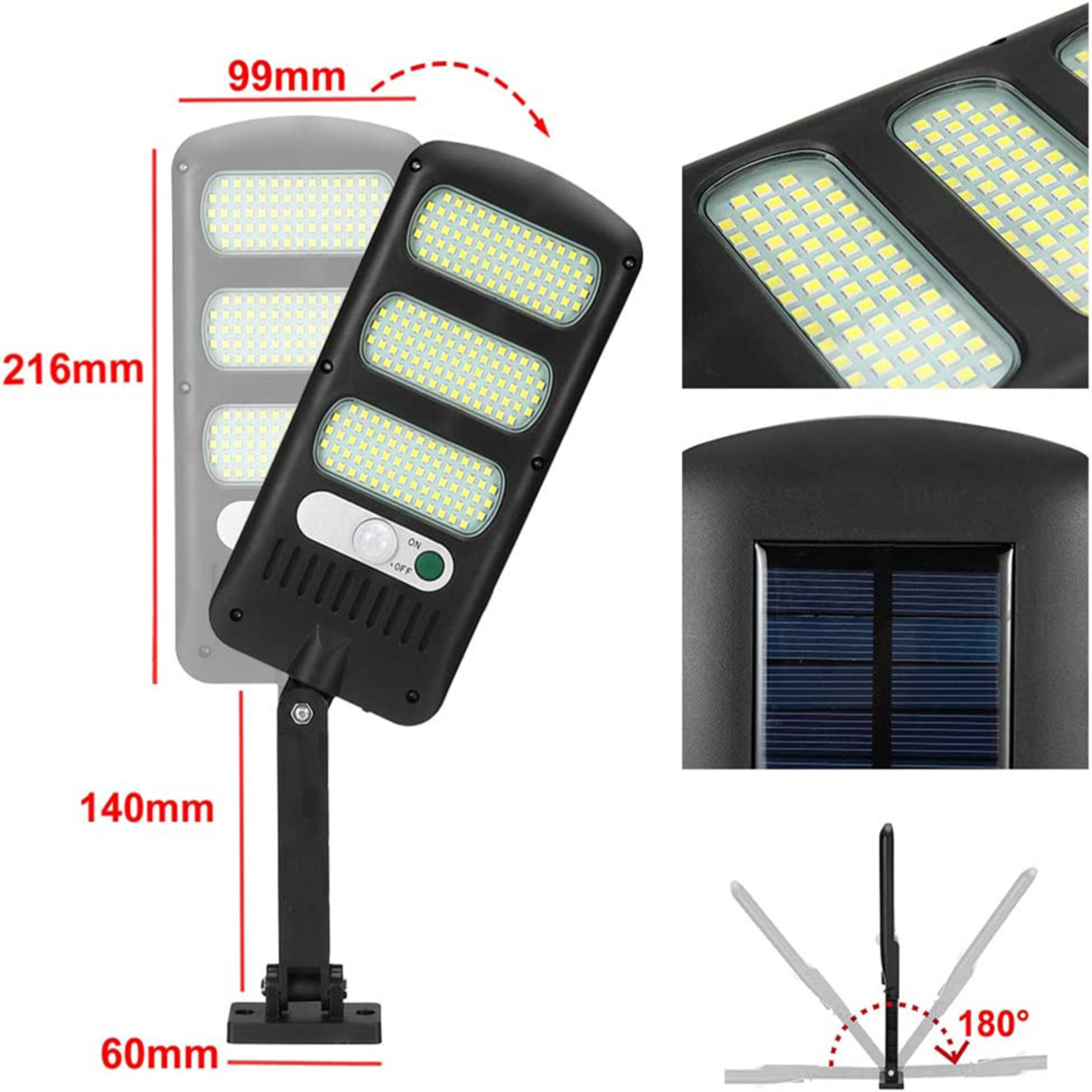 Diagramm, das Abmessungen und Merkmale einer schwarzen Solarleuchte zeigt, einschließlich Länge, Breite und einstellbarem Winkel.