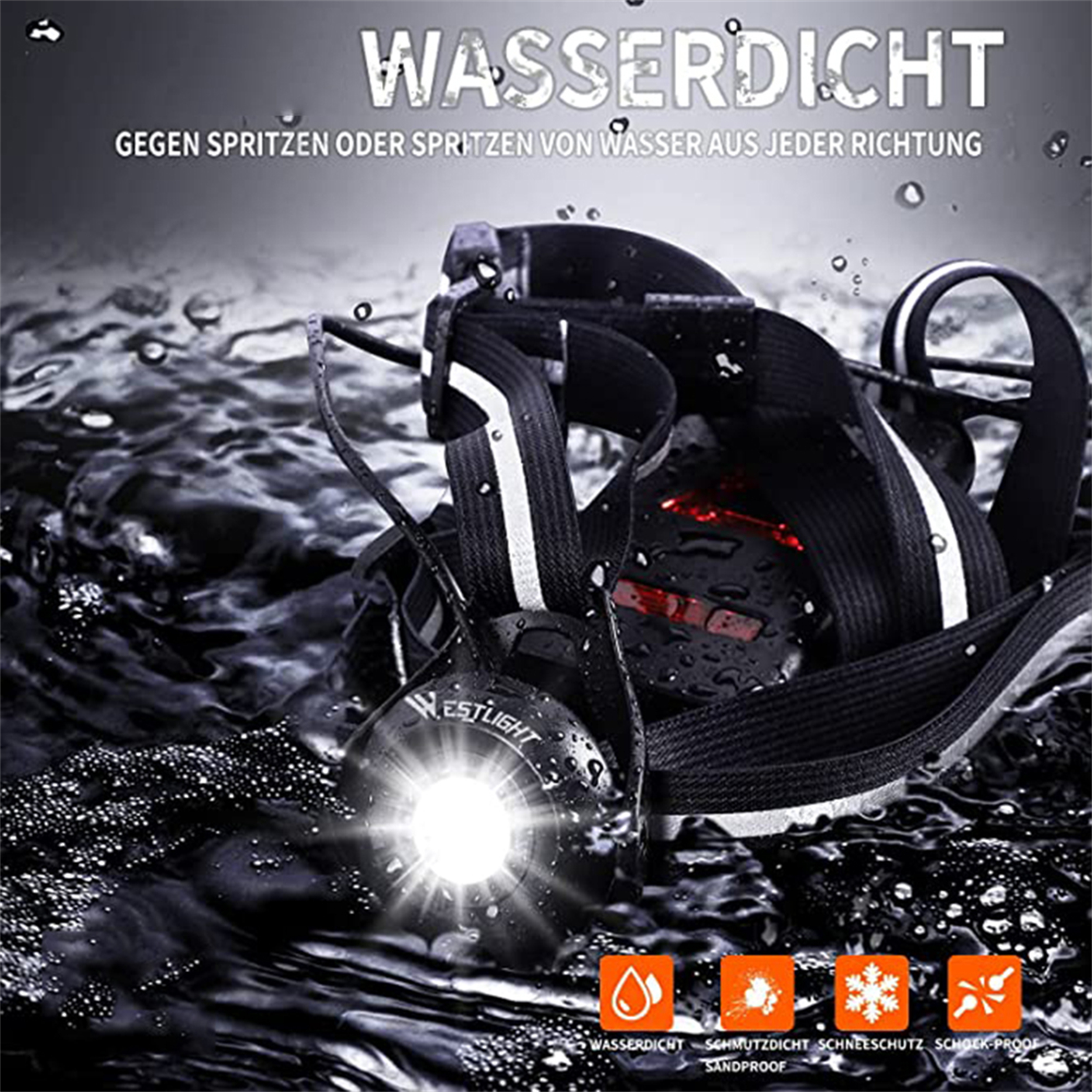 Wasserdichte Stirnlampe mit reflektierenden Streifen und einem Frontlicht, untergetaucht in Wasser mit Wellen und Textüberlagerung.