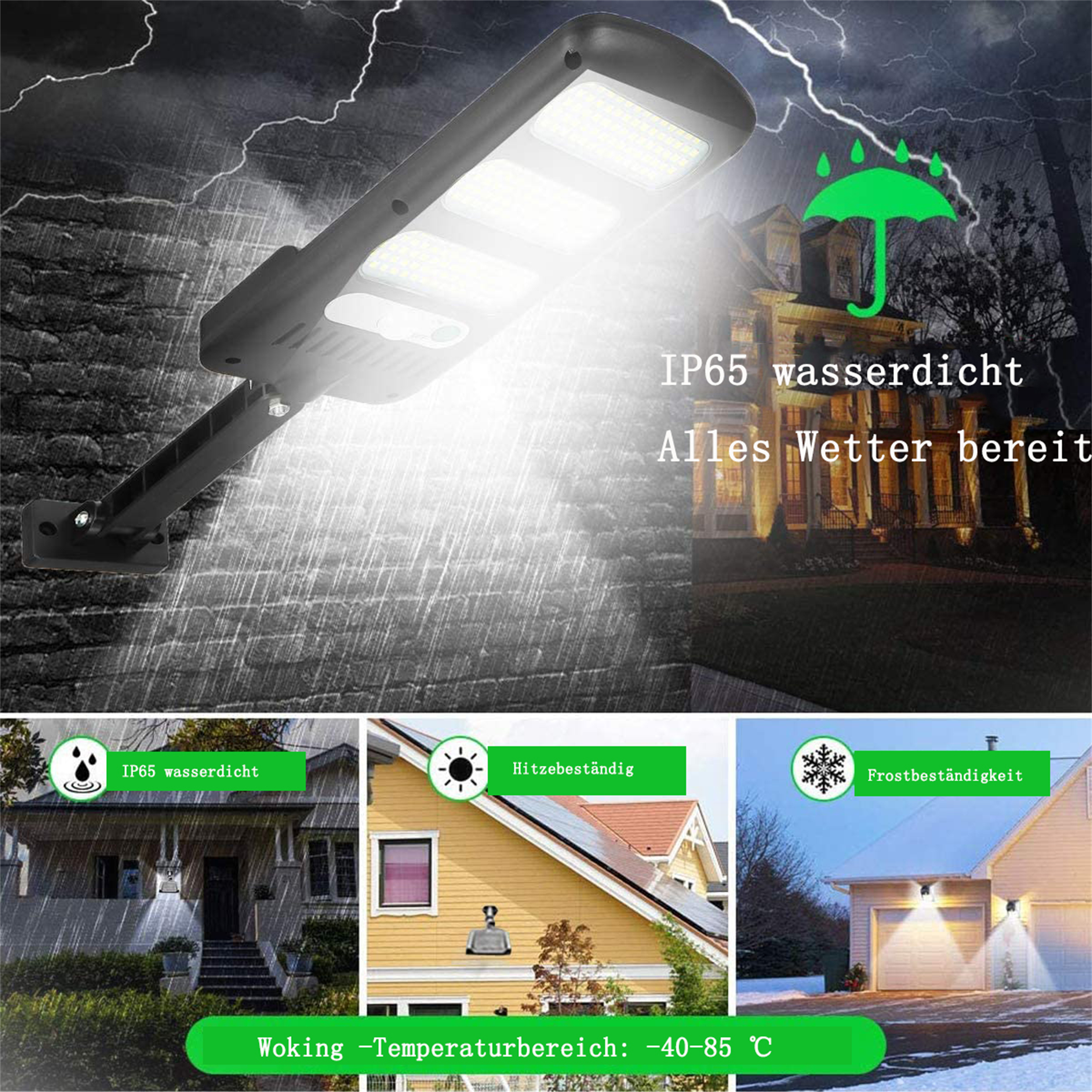 Solarleuchte im Regen mit Textüberlagerung, die wasserdichte und wetterfeste Eigenschaften für den Außenbereich angibt.