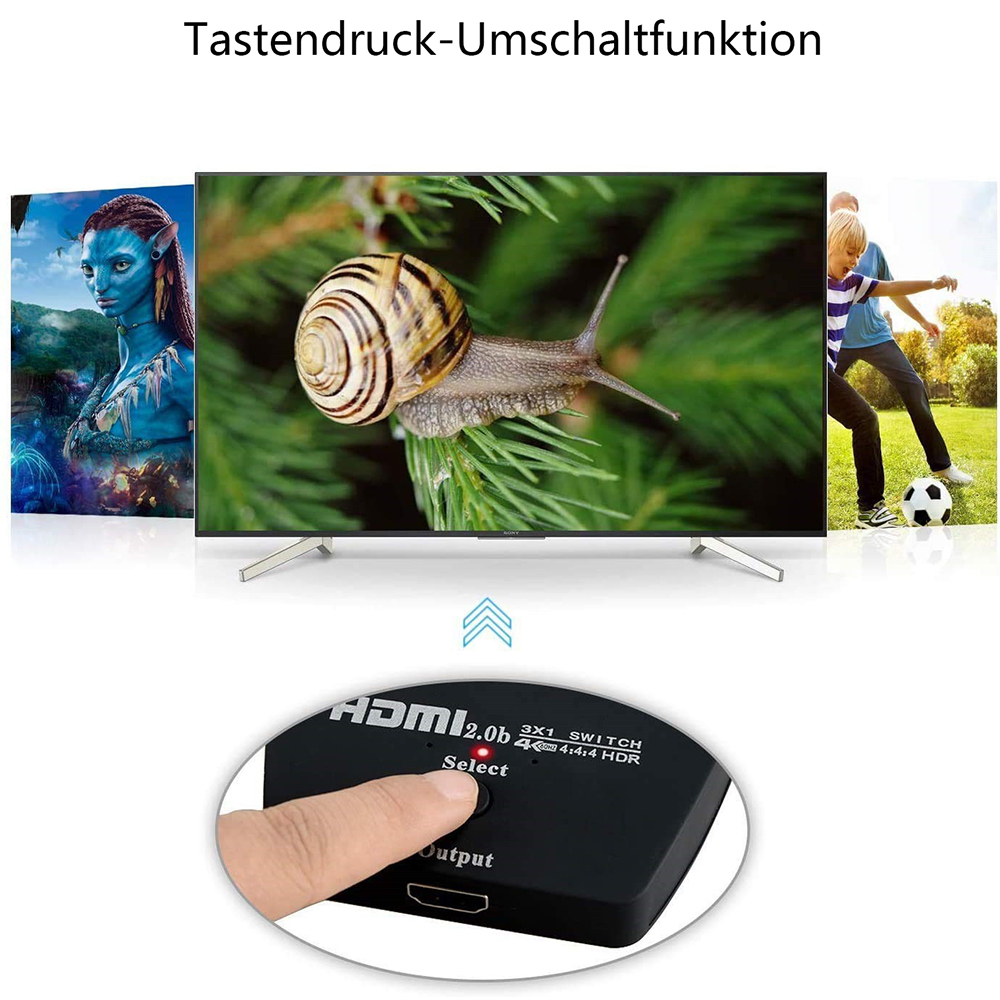 Eine Hand drückt einen Knopf an einem Gerät, das an einen Fernseher angeschlossen ist, der Naturszenen und Fußballspieler zeigt.