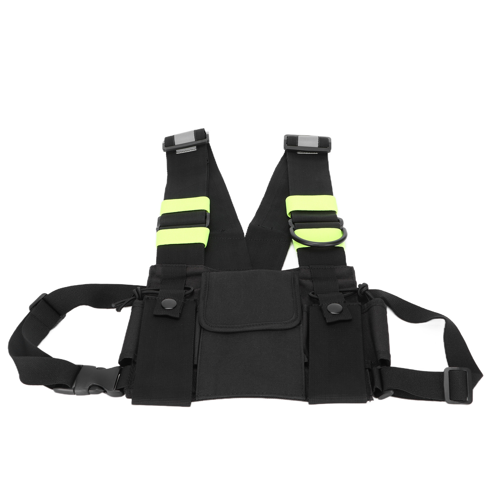 Schwarzes Chest Rig mit neongrünen Riemen und reflektierenden Akzenten, isoliert auf weißem Hintergrund.