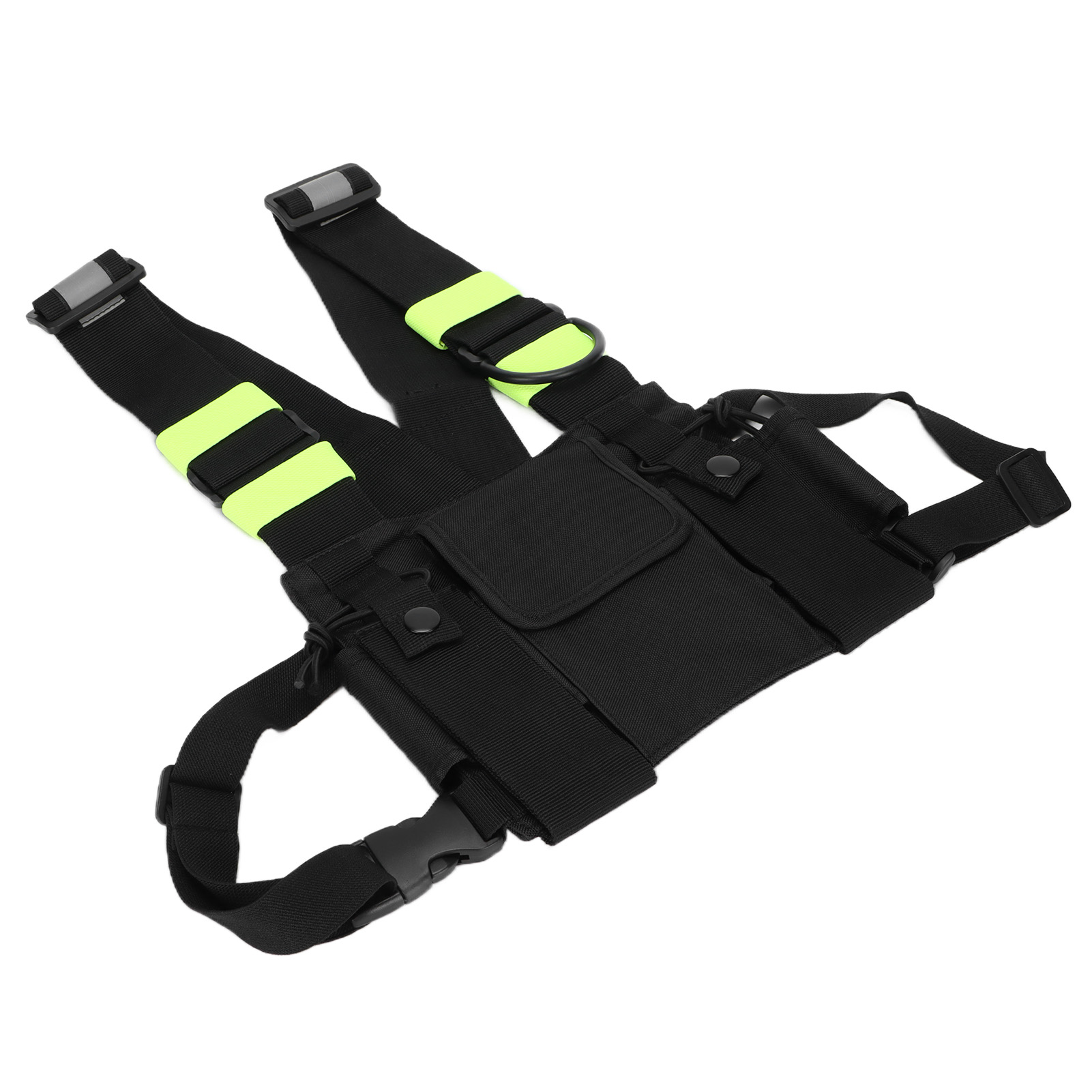 Schwarzes Chest Rig mit neongrünen Riemen und reflektierenden Akzenten auf einer weißen Oberfläche.