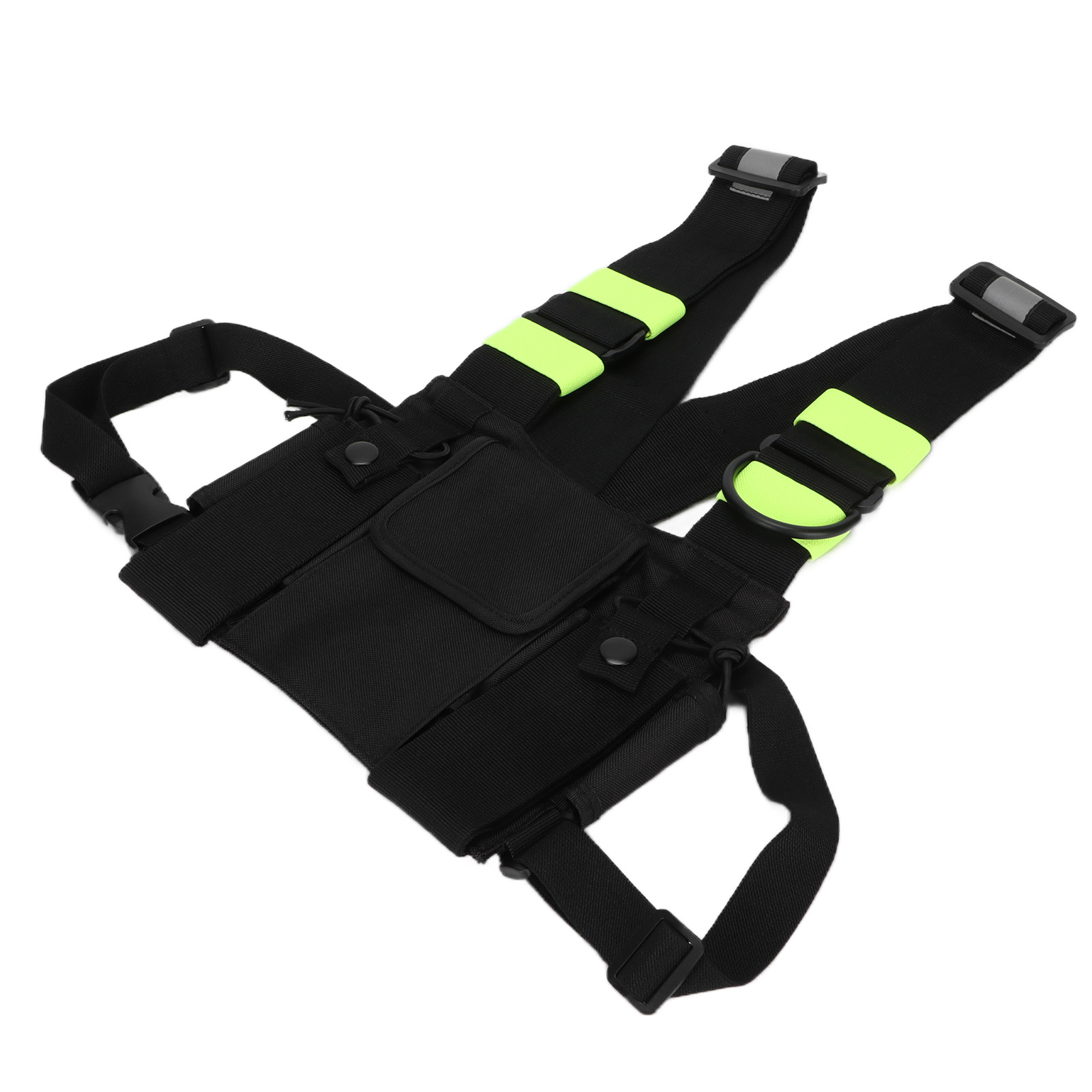 Schwarzes Chest Rig mit neongrünen Riemen und reflektierenden Akzenten, angewinkelt auf einer weißen Oberfläche.