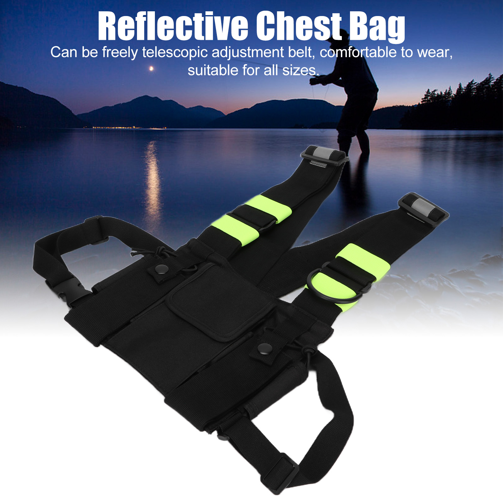 Ein schwarzes Chest Rig mit neongrünen Riemen wird vor einem verschwommenen See- und Bergpanorama gezeigt.