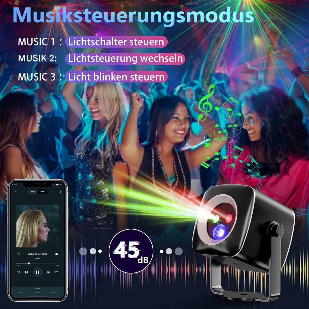 Tanzende Menschen auf einer Party, beleuchtet von einem Projektor. Text 'Musiksteuerungmodus' sichtbar.