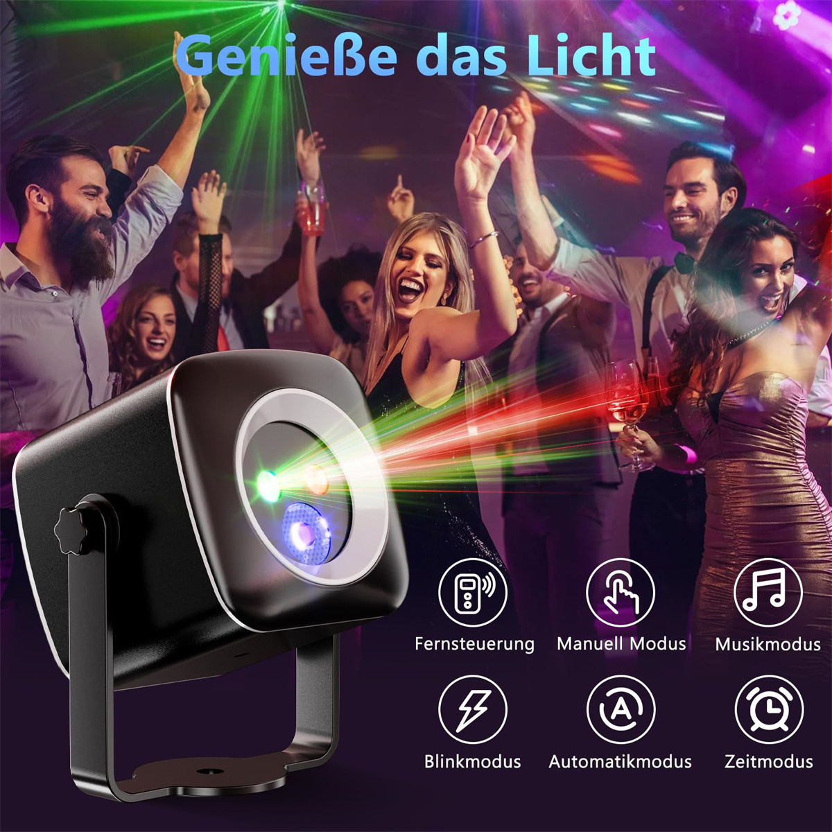 Tanzende Menschen auf einer Party mit Laserlichtern. Text 'Genieße das Licht' mit Funktionssymbolen.