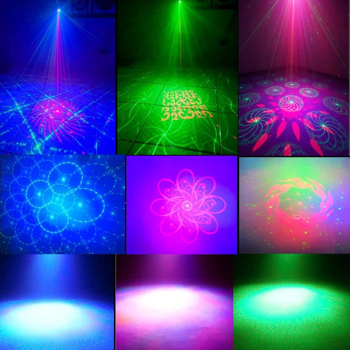 Raster von Laserlichtmustern auf dem Boden. Verschiedene Farben, darunter Blau, Grün und Rosa.