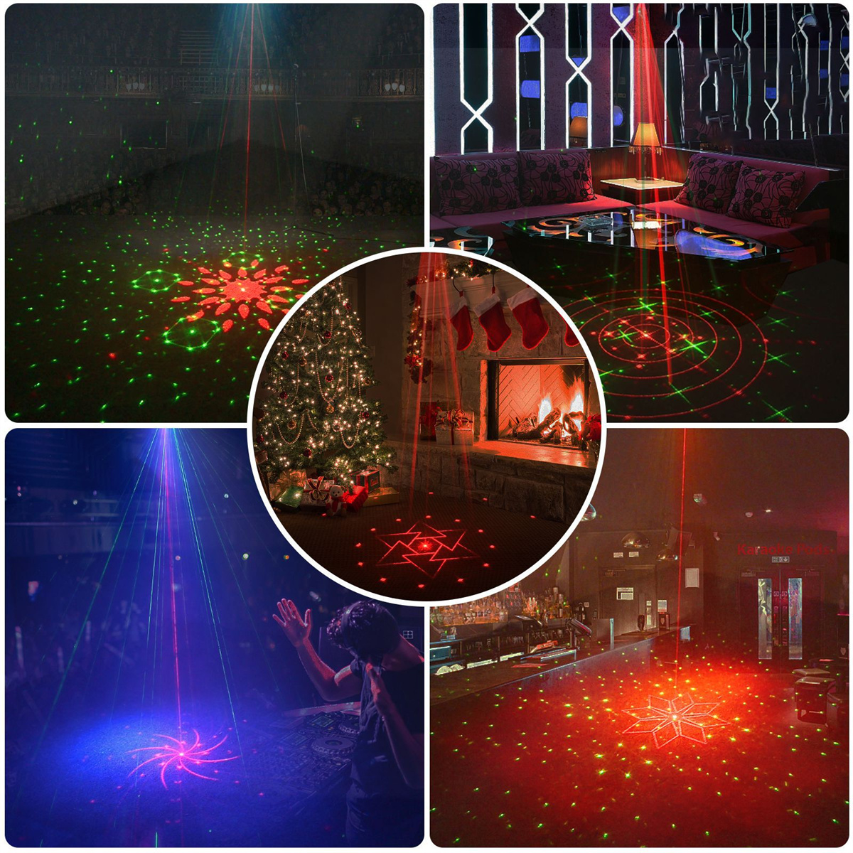 Collage von Laserlichtmustern in verschiedenen Umgebungen, darunter ein Weihnachtsbaum und eine Bar.