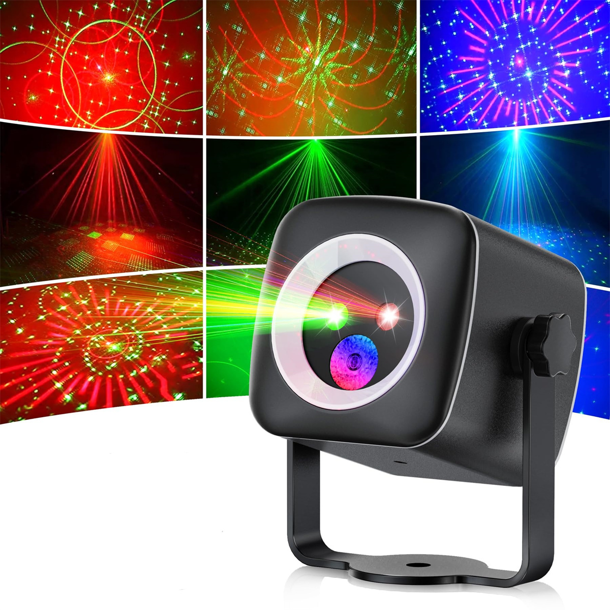 Party-Lichtprojektor mit verschiedenen Laserlichtmustern, dargestellt vor weißem Hintergrund.