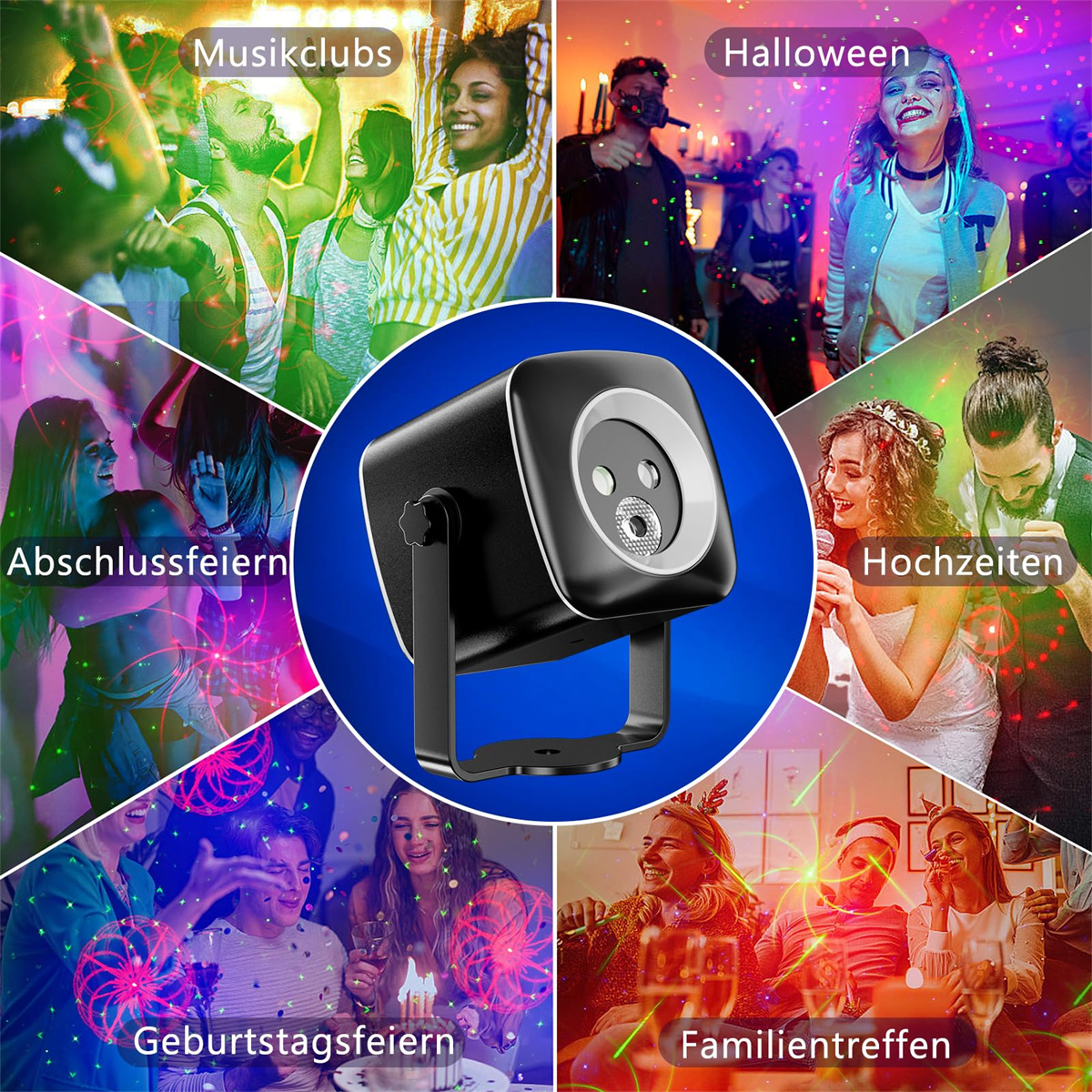 Party-Lichtprojektor mit verschiedenen Veranstaltungsszenen: Musikclubs, Halloween, Hochzeiten und Familienfeiern.
