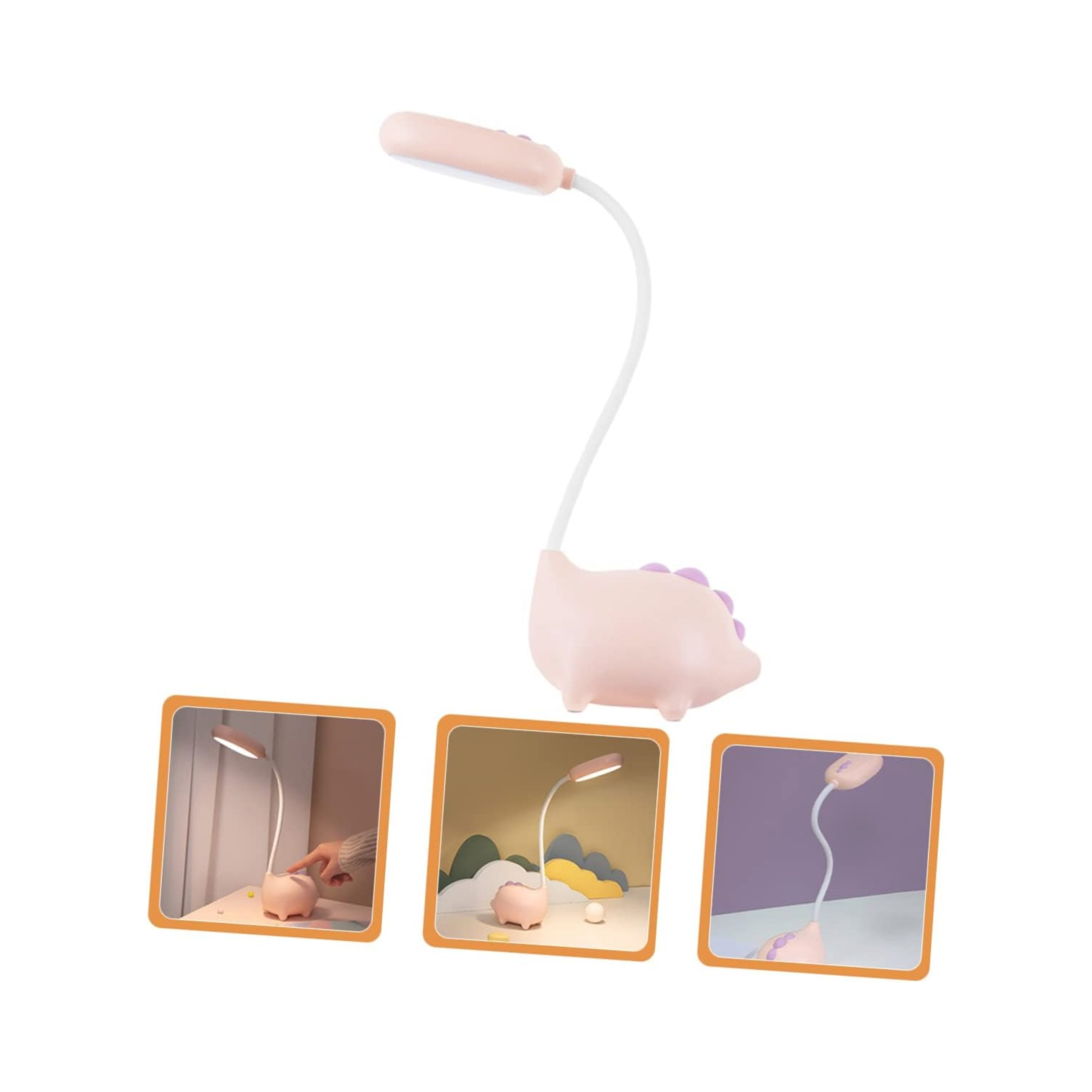 Schreibtischlampe in Schweineform mit drei zusätzlichen Bildern ihrer Verwendung. Rosa und weiß.