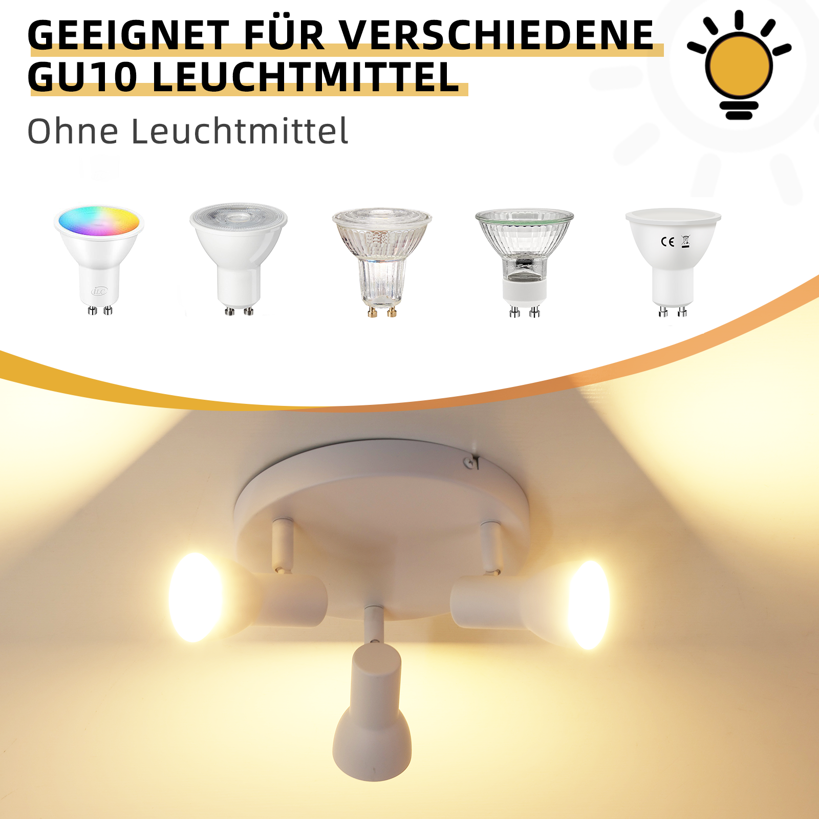 Biały reflektor z trzema żarówkami i tekstem o żarówkach GU10, pokazując różne typy.