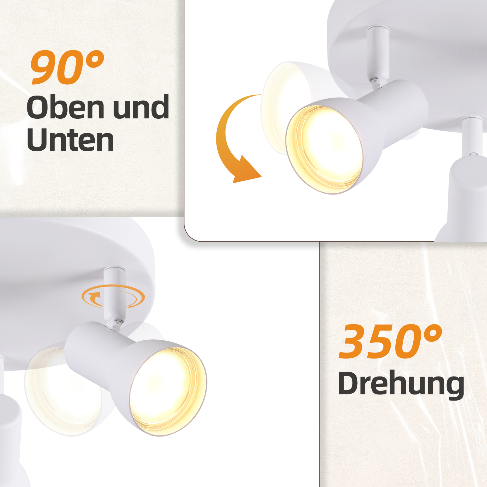 Primo piano di faretto da soffitto bianco con luci regolabili. Mostra regolazione su e giù di 90° e rotazione di 350°.