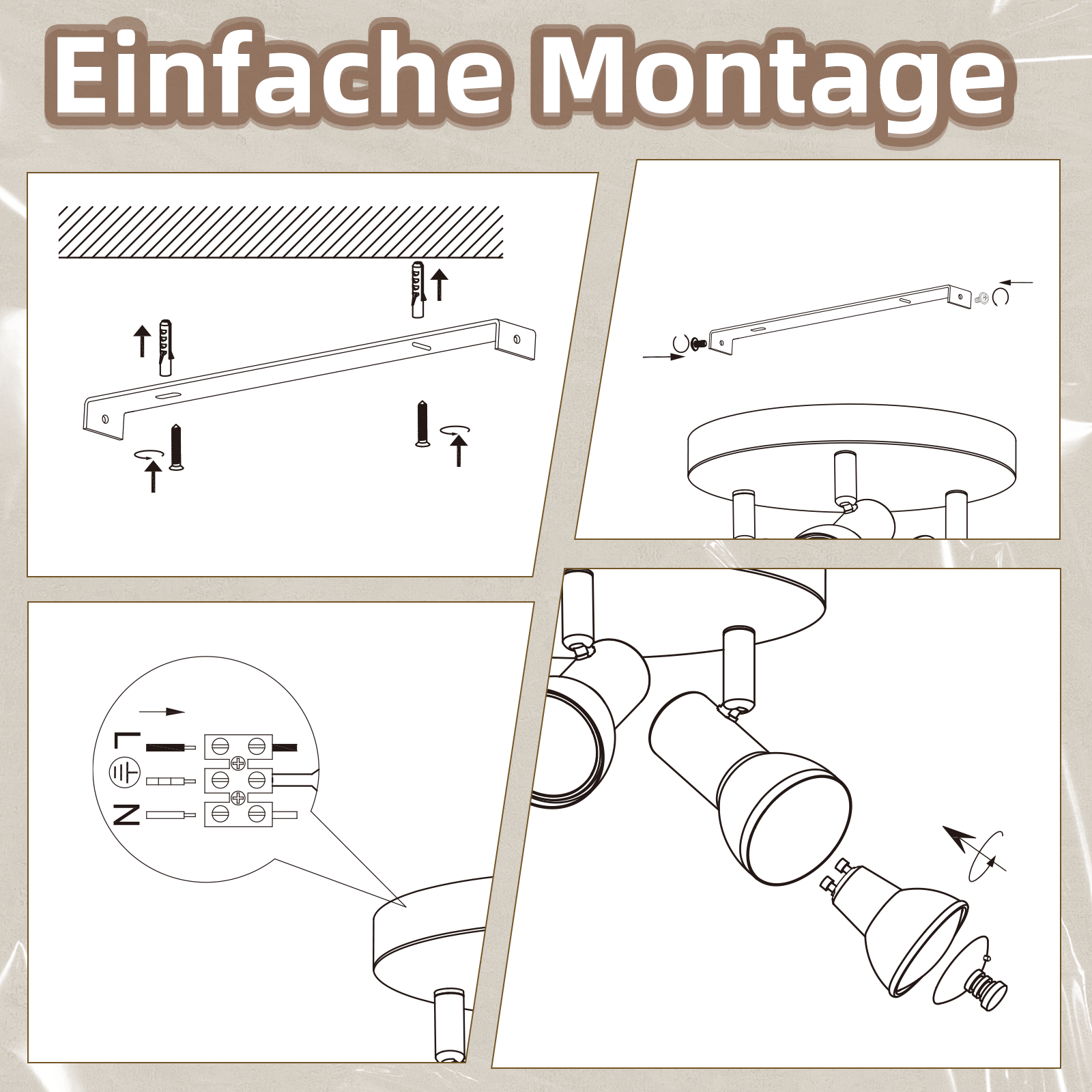 Schema che mostra i passaggi di installazione di un faretto da soffitto. Include il montaggio di una staffa e i collegamenti dei cavi.
