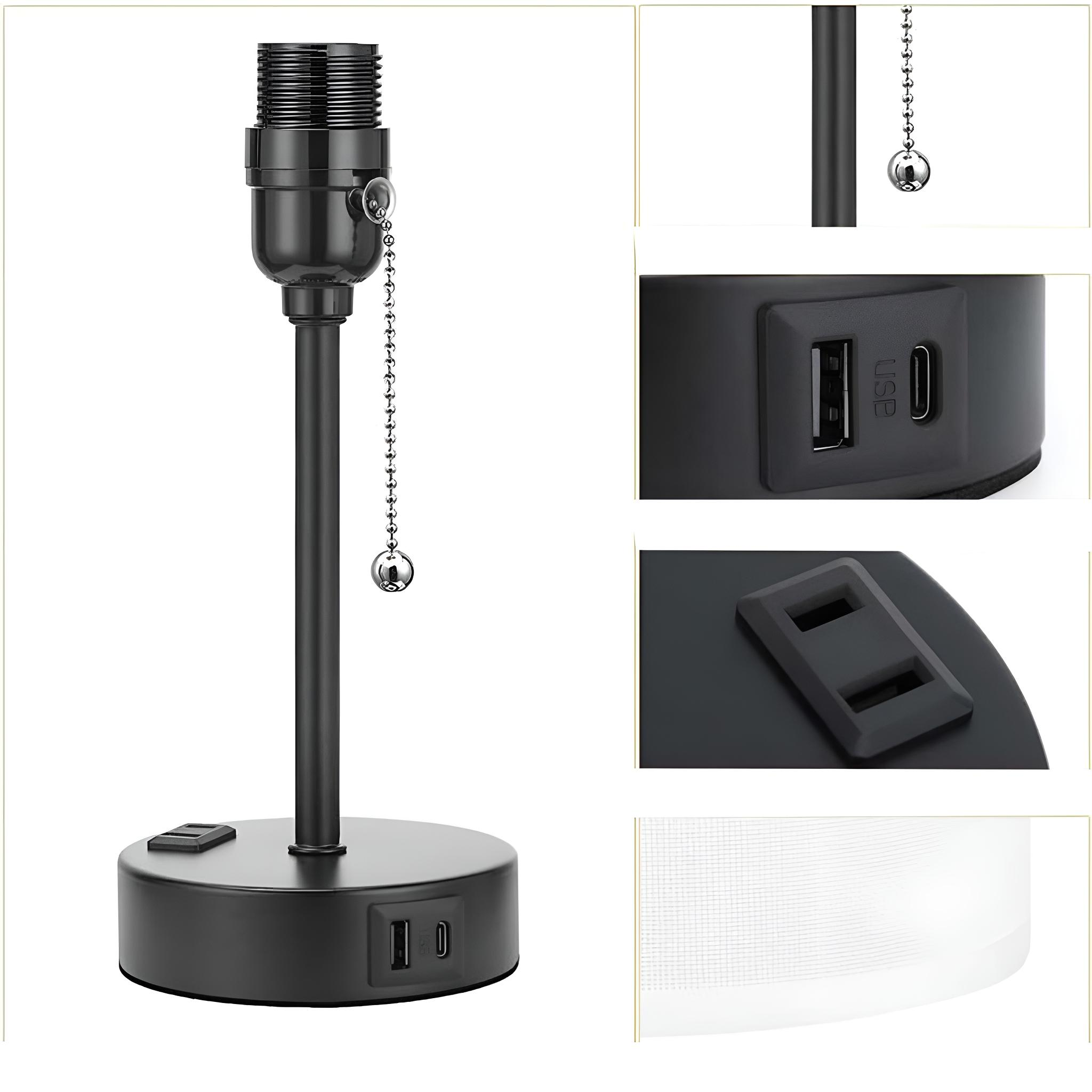 Ein schwarzer Lampenfuß mit Zugkette, USB-Anschlüssen und Schalter, detailliert vor einem segmentierten Hintergrund.