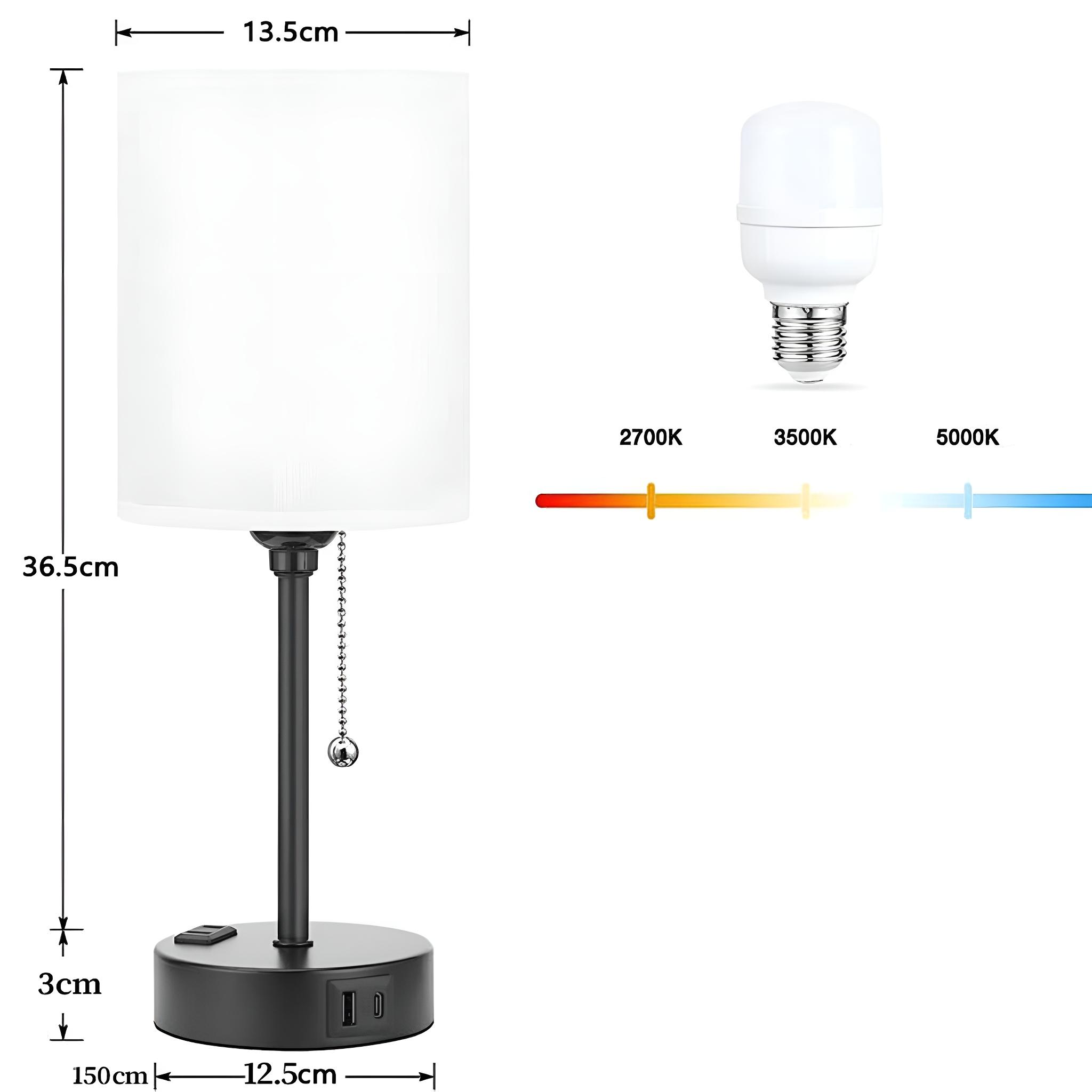 Das Bild zeigt die Abmessungen einer Tischlampe: 36,5 cm Höhe, 13,5 cm Breite, 3 cm Basishöhe und 12,5 cm Basisbreite.