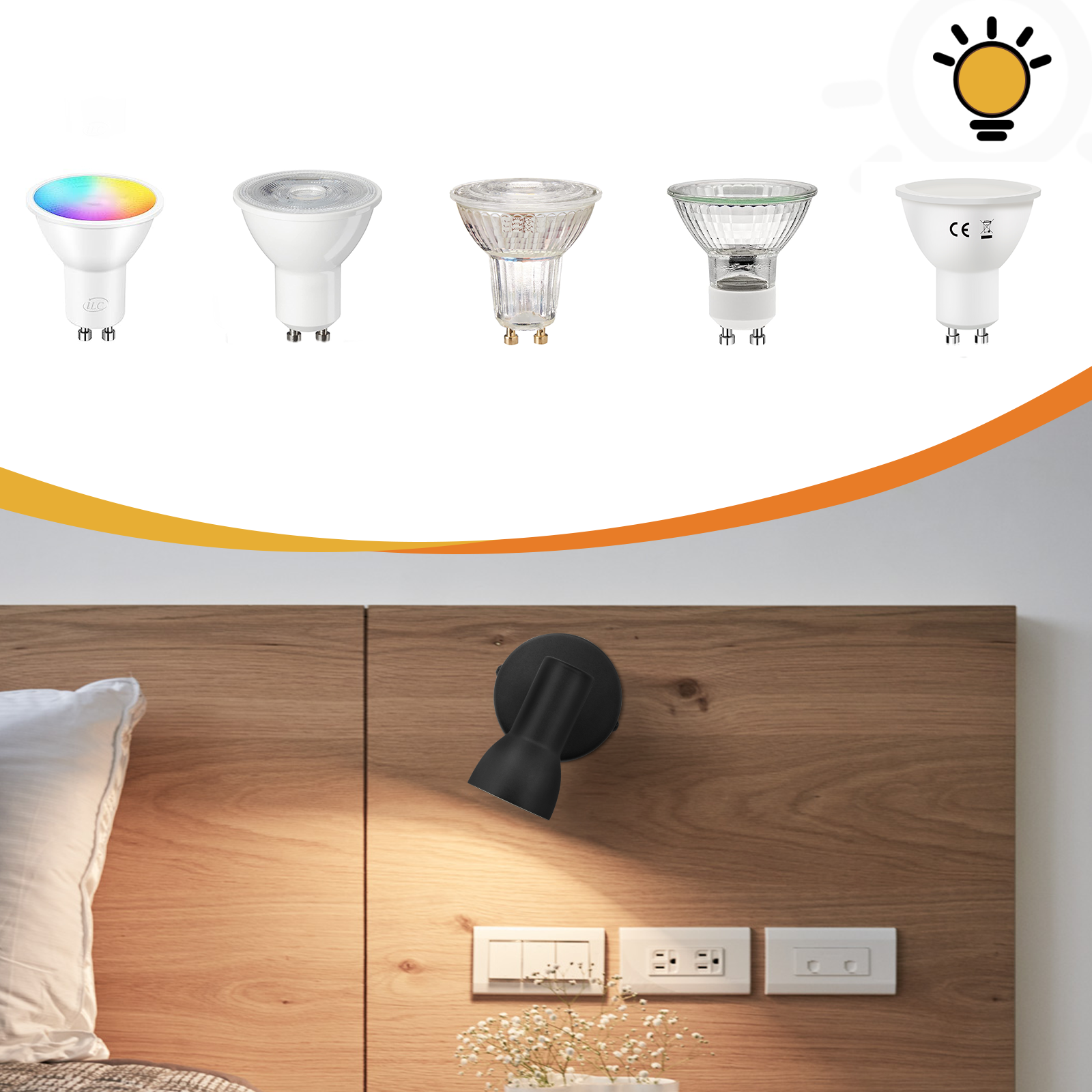 Cinque lampadine e un faretto nero su una parete di legno, con prese di corrente e un letto bianco.