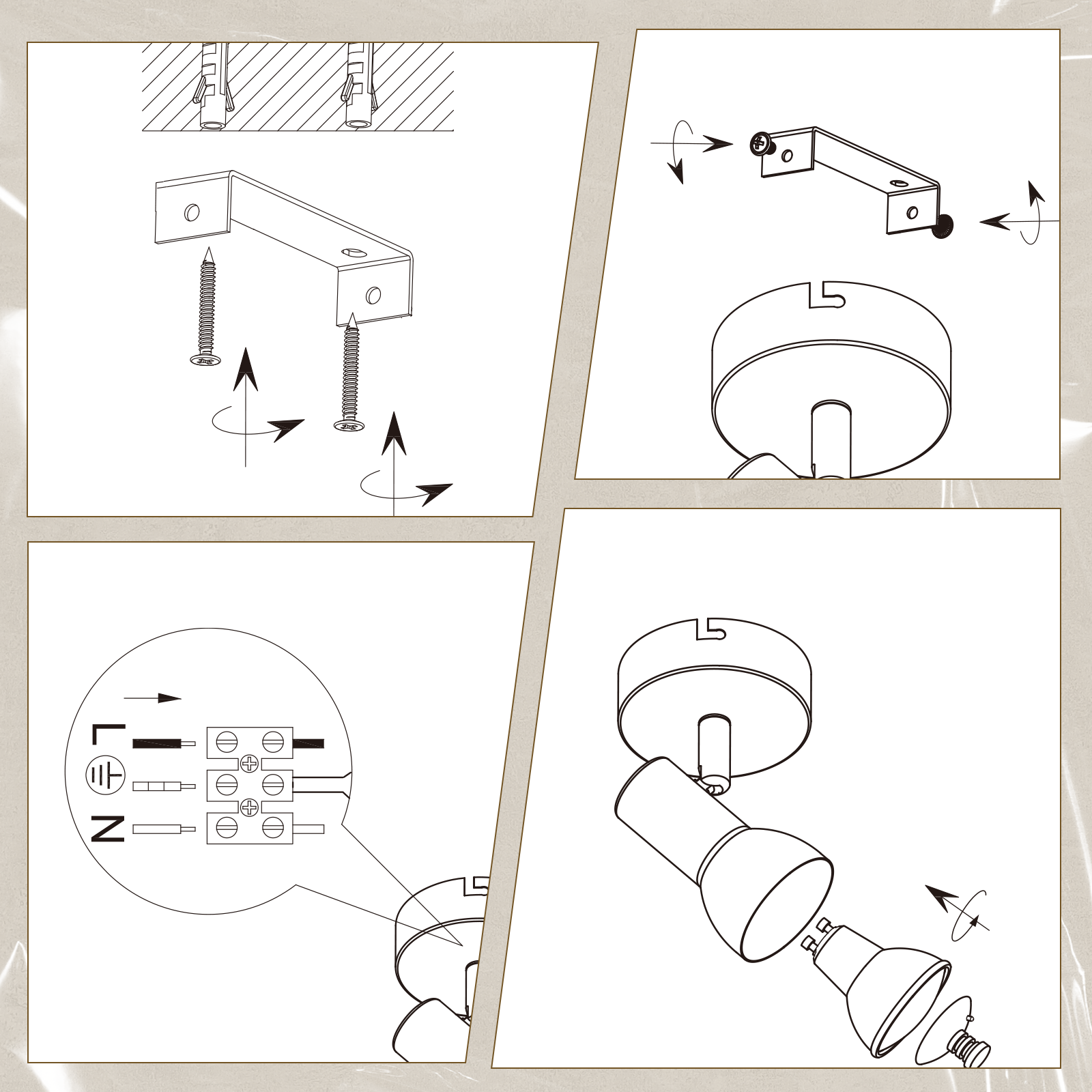 Diagramma che mostra l'installazione del faretto: viti, staffa, collegamenti elettrici e assemblaggio del faretto.